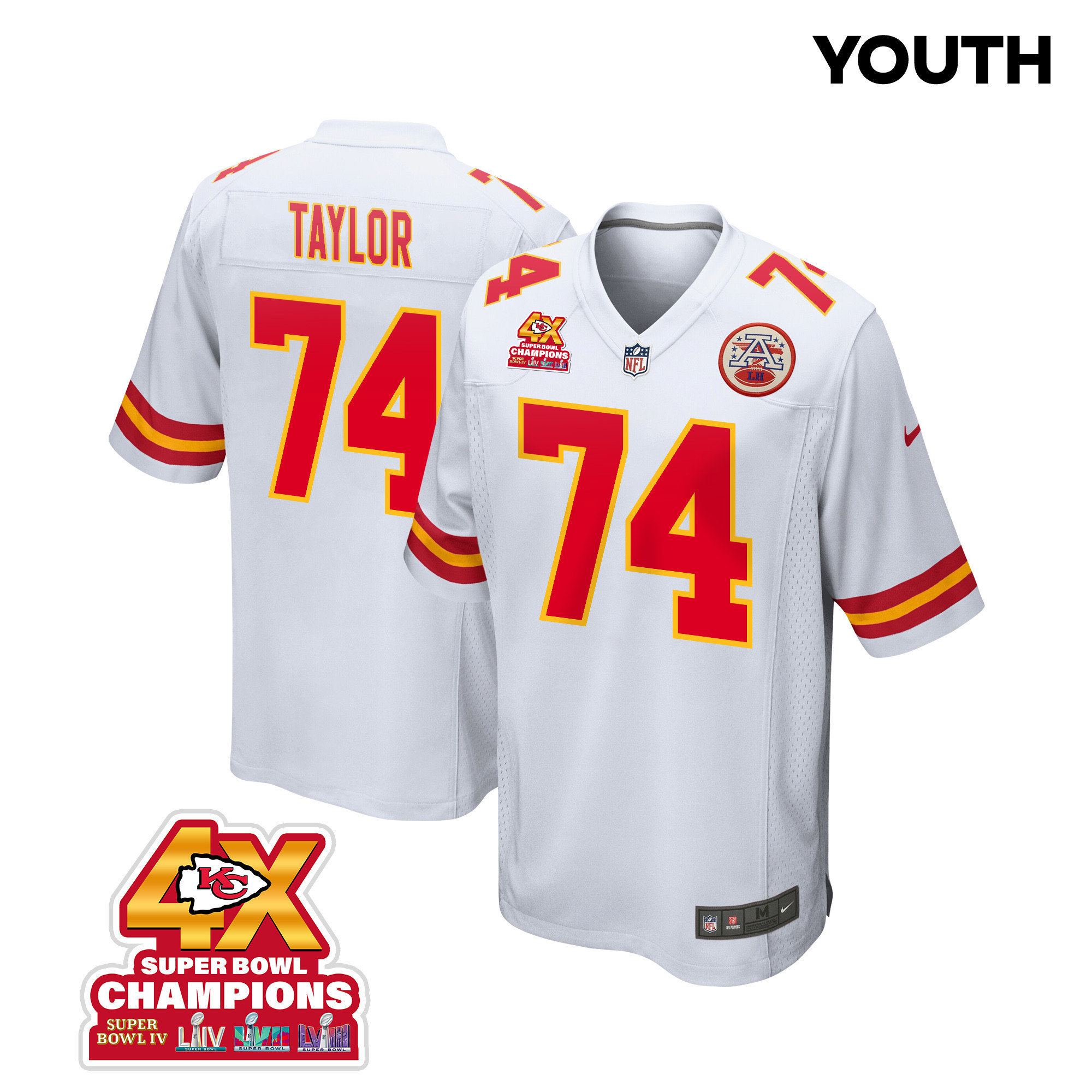 Jawaan Taylor 74 Kansas City Chiefs Super Bowl LVIII Champions 4X Game YOUTH Jersey - White JS9457 Saliibo