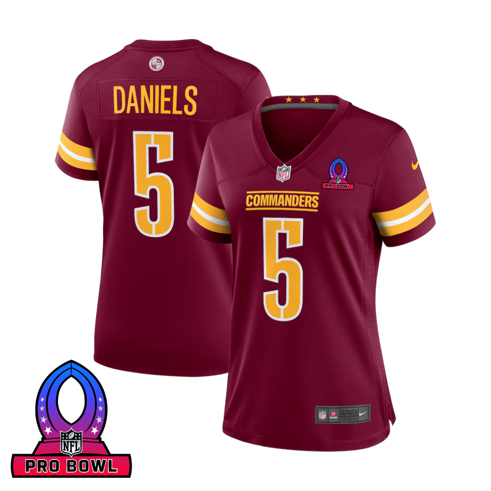 Jayden Daniels 5 Washington Commanders 2025 Pro Bowl Patch Women Game Jersey - Burgundy JS5735 Saliibo