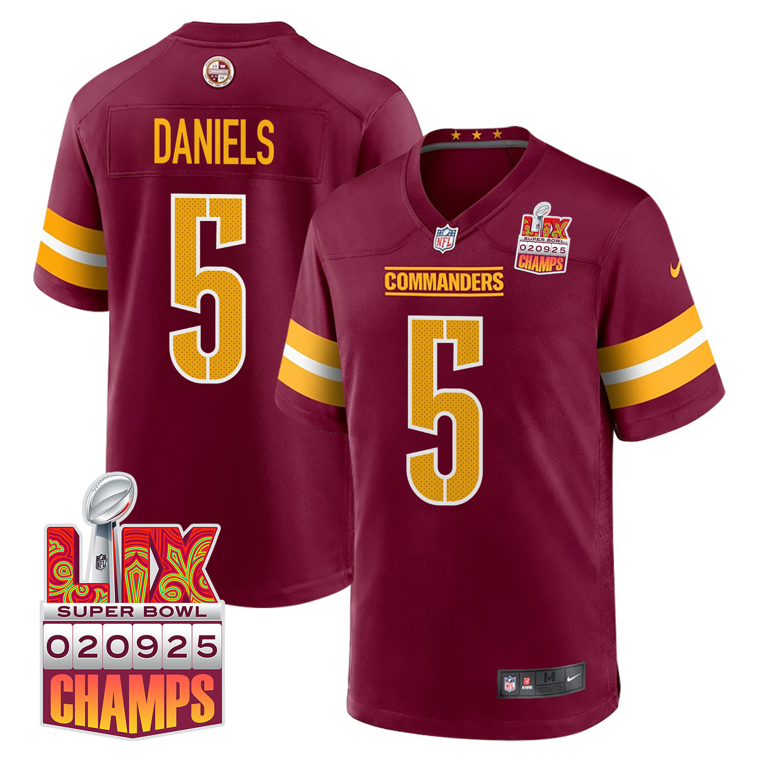 Jayden Daniels 5 Washington Commanders Super Bowl LIX Champions Patch Game Men Jersey - Burgundy JS2540 Saliibo