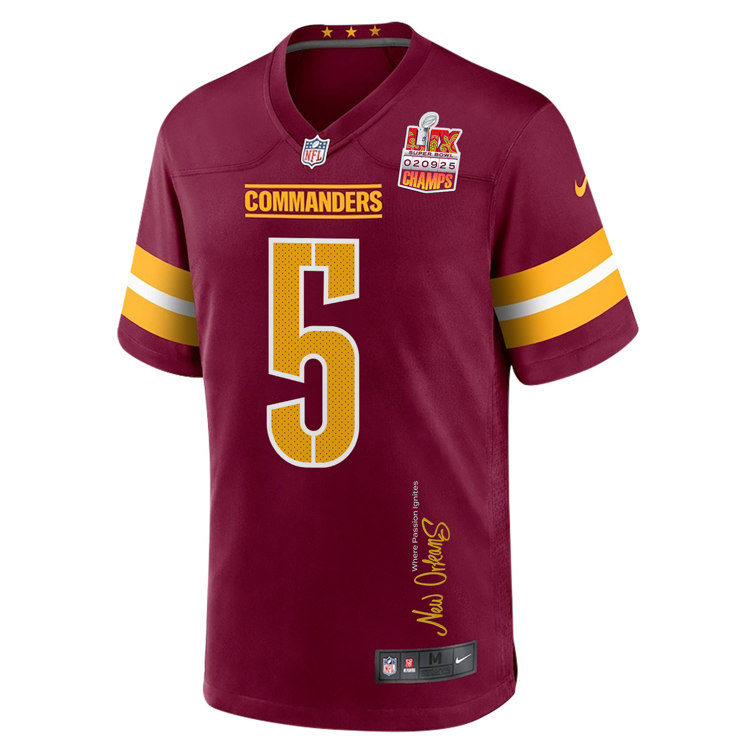 Jayden Daniels 5 Washington Commanders Super Bowl LIX Champions Patch 'New Orleans - Where Passion Ignites' EMBROIDERED Game Men Jersey - Burgundy JS3109 Saliibo - Image 3