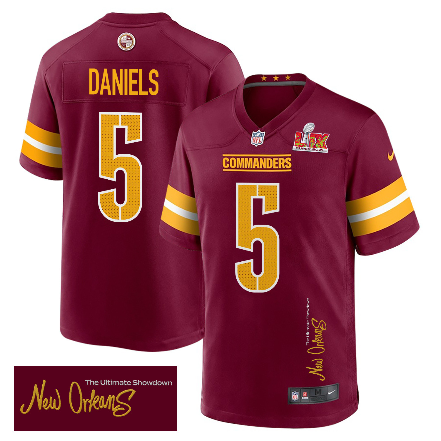 Jayden Daniels 5 Washington Commanders Super Bowl LIX 'New Orleans - The Ultimate Showdown' EMBROIDERED Game Men Jersey - Burgundy JS7193 Saliibo