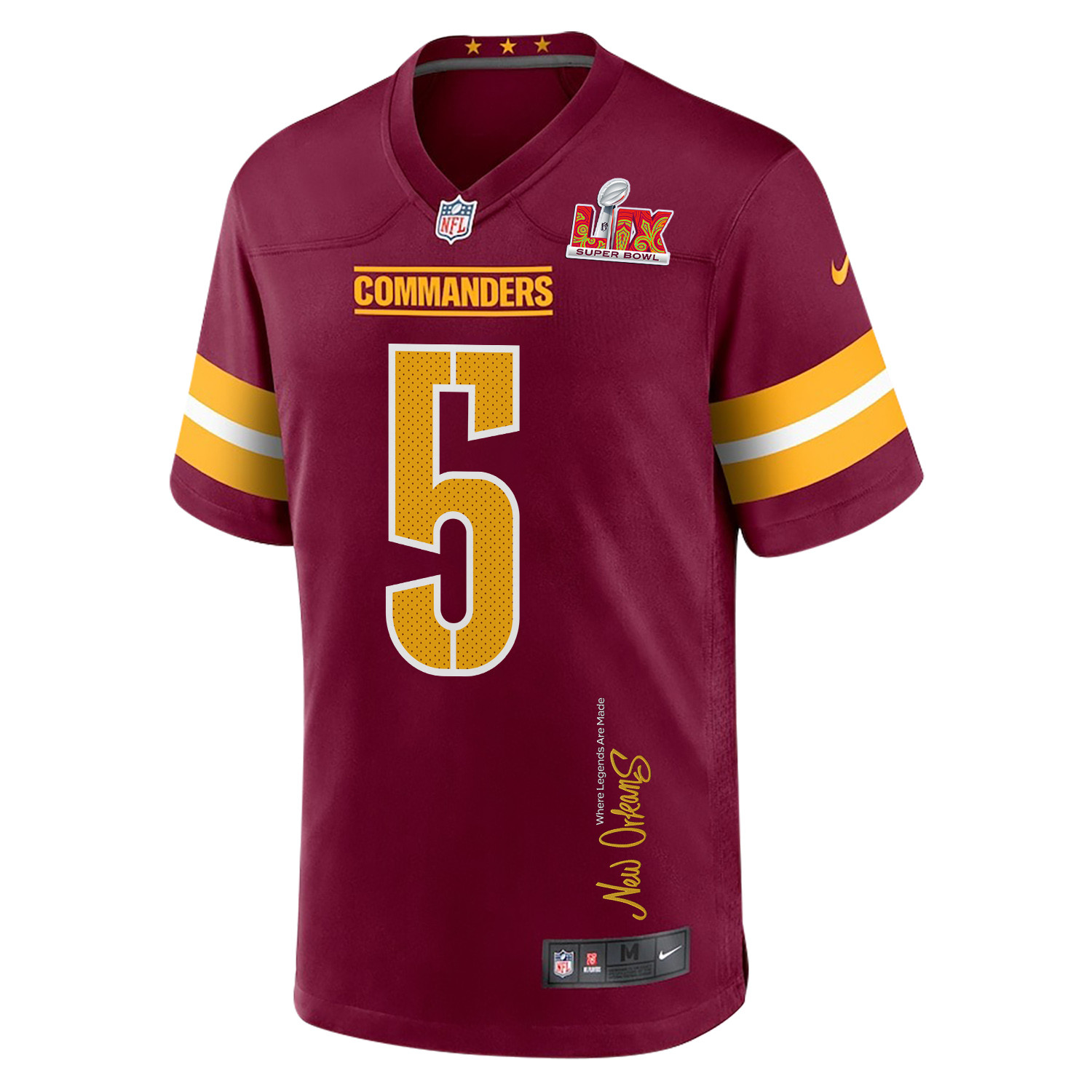 Jayden Daniels 5 Washington Commanders Super Bowl LIX 'New Orleans - Where Legends Are Made' EMBROIDERED Game Men Jersey - Burgundy JS6330 Saliibo - Image 3