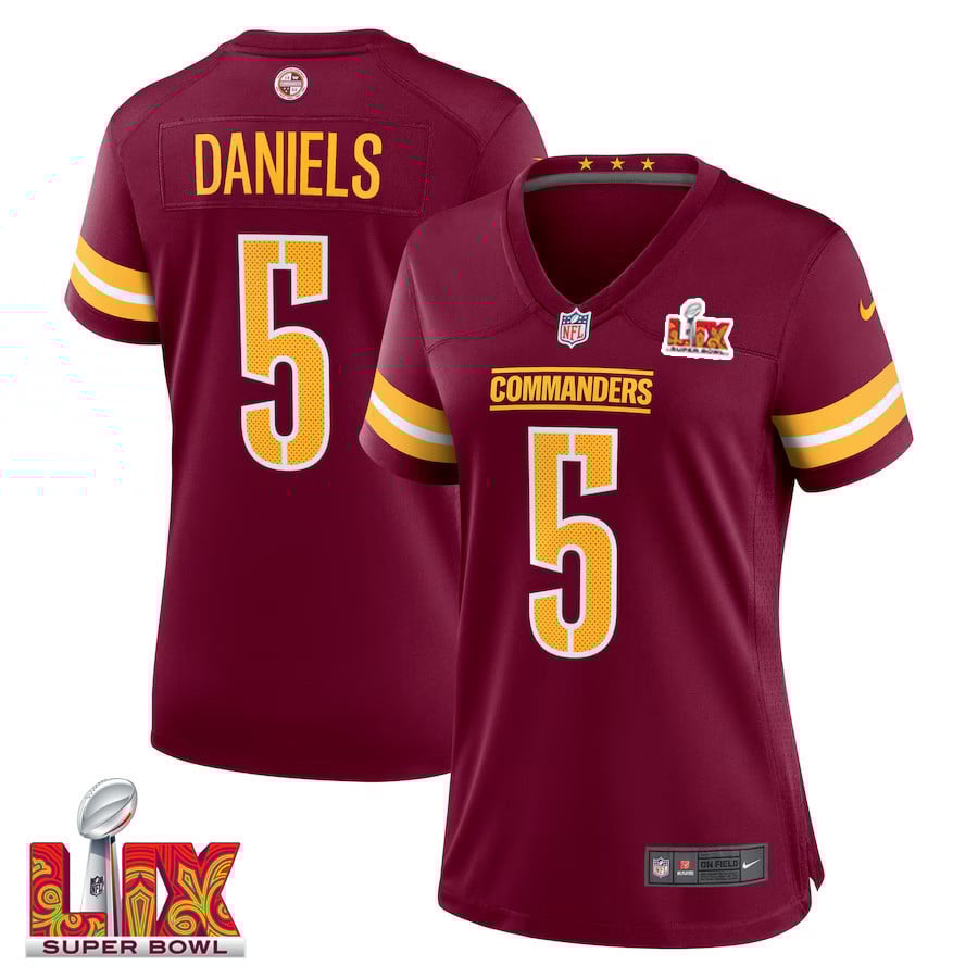 Jayden Daniels #5 Washington Commanders Super Bowl LIX Women's Jersey - Burgundy JS9100 Saliibo