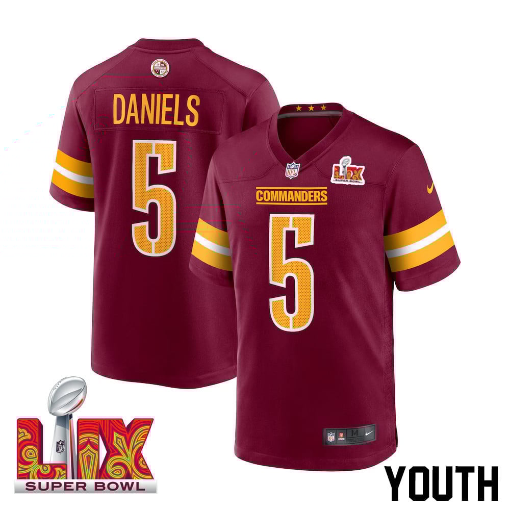 Jayden Daniels #5 Washington Commanders Super Bowl LIX Youth Jersey - Burgundy JS6640 Saliibo