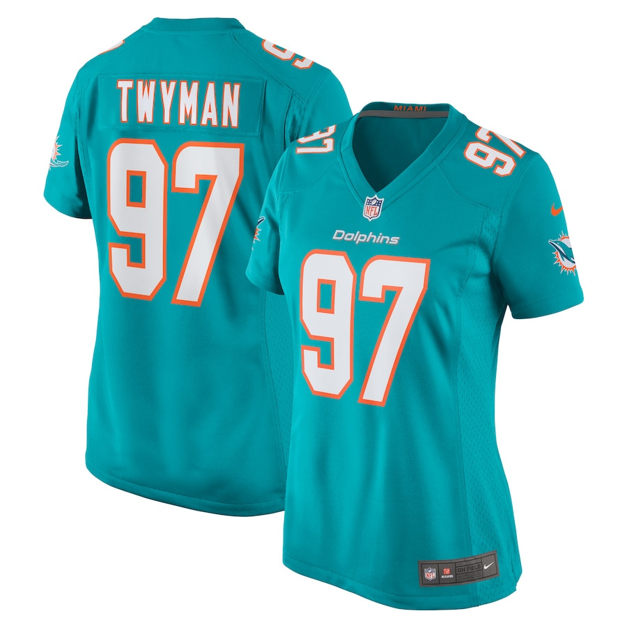 Jaylen Twyman 97 Miami Dolphins Women Home Game Jersey - Aqua JS2461 Saliibo