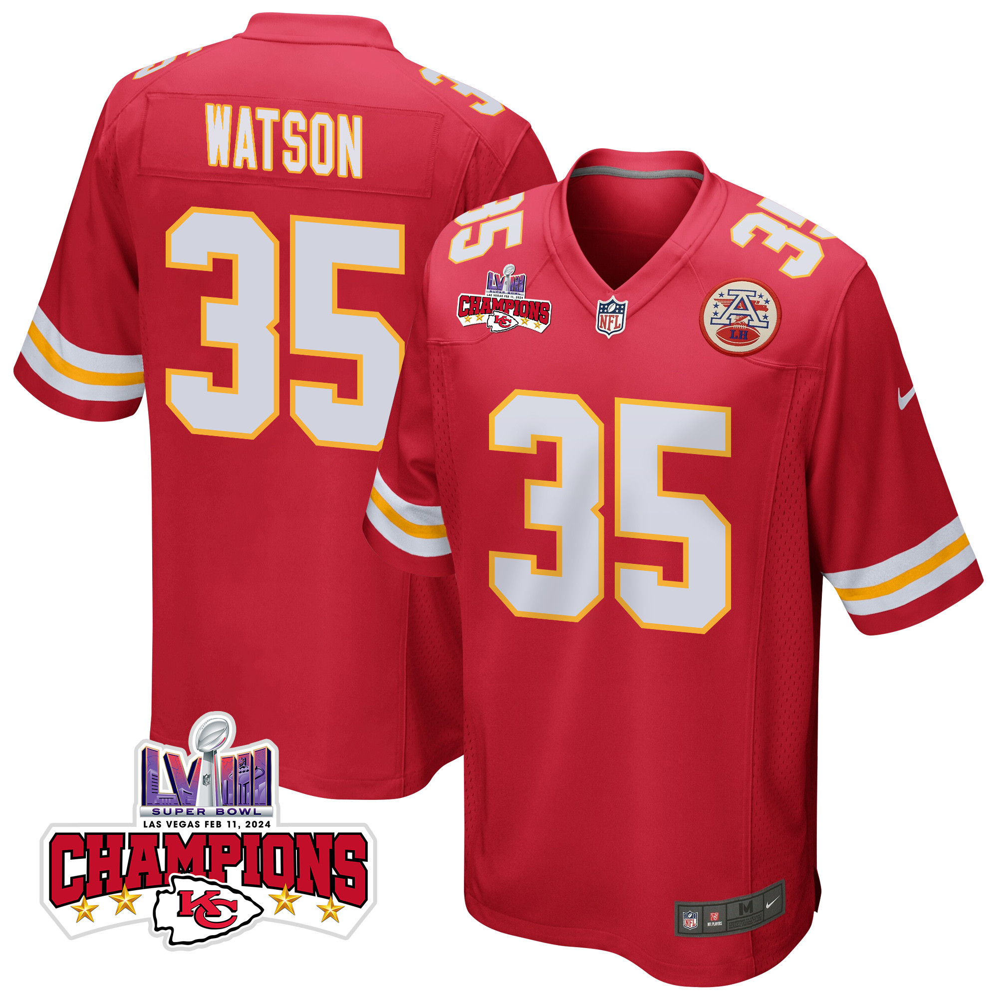 Jaylen Watson 35 Kansas City Chiefs Super Bowl LVIII Champions 4 Stars Patch Game Men Jersey - Red JS5181 Saliibo