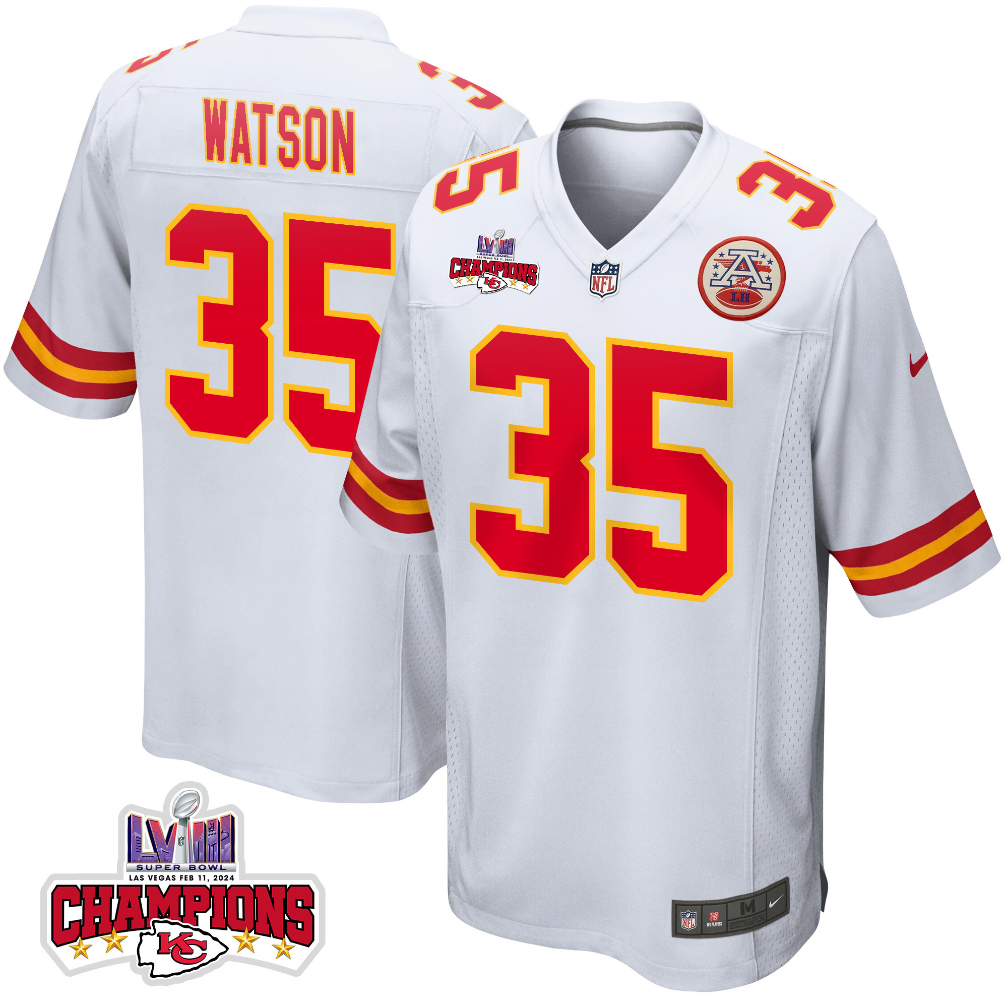 Jaylen Watson 35 Kansas City Chiefs Super Bowl LVIII Champions 4 Stars Patch Game Men Jersey - White JS2565 Saliibo