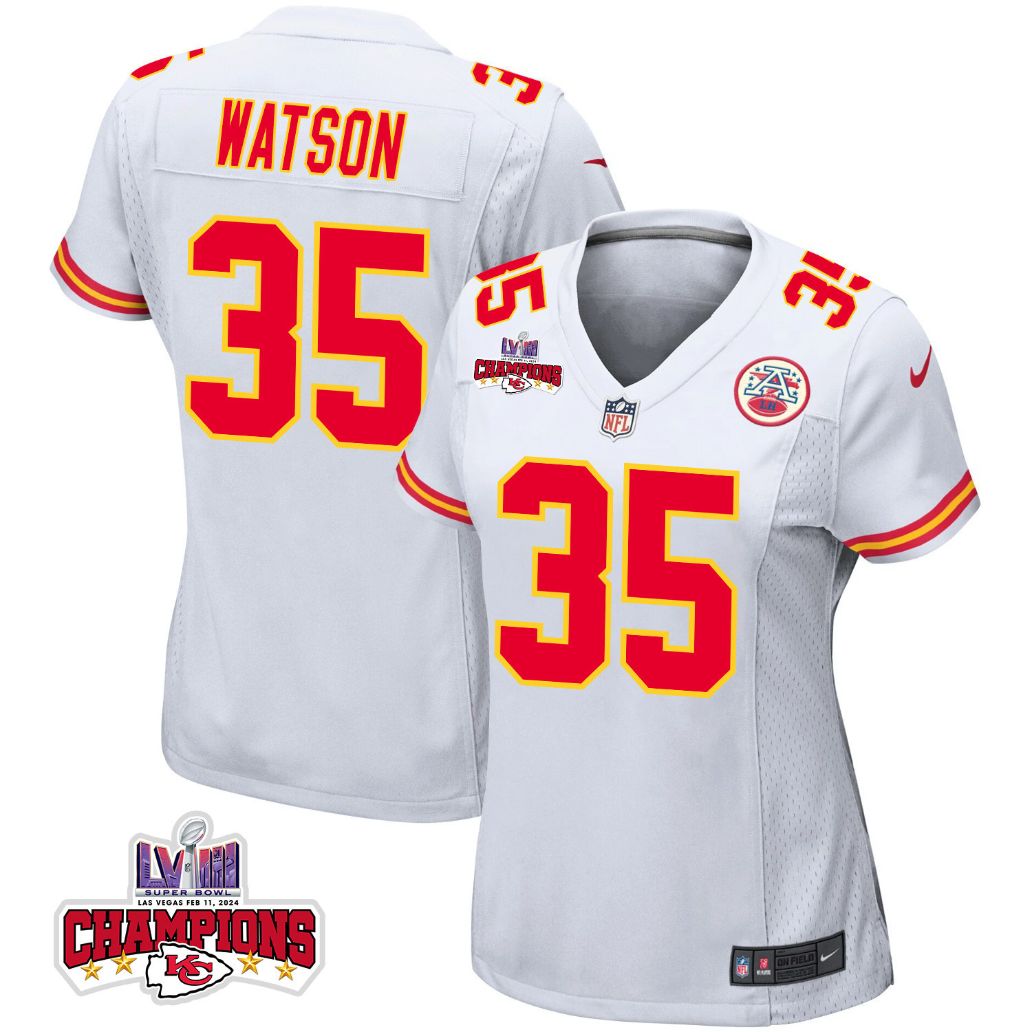 Jaylen Watson 35 Kansas City Chiefs Super Bowl LVIII Champions 4 Stars Patch Game Women Jersey - White JS5382 Saliibo