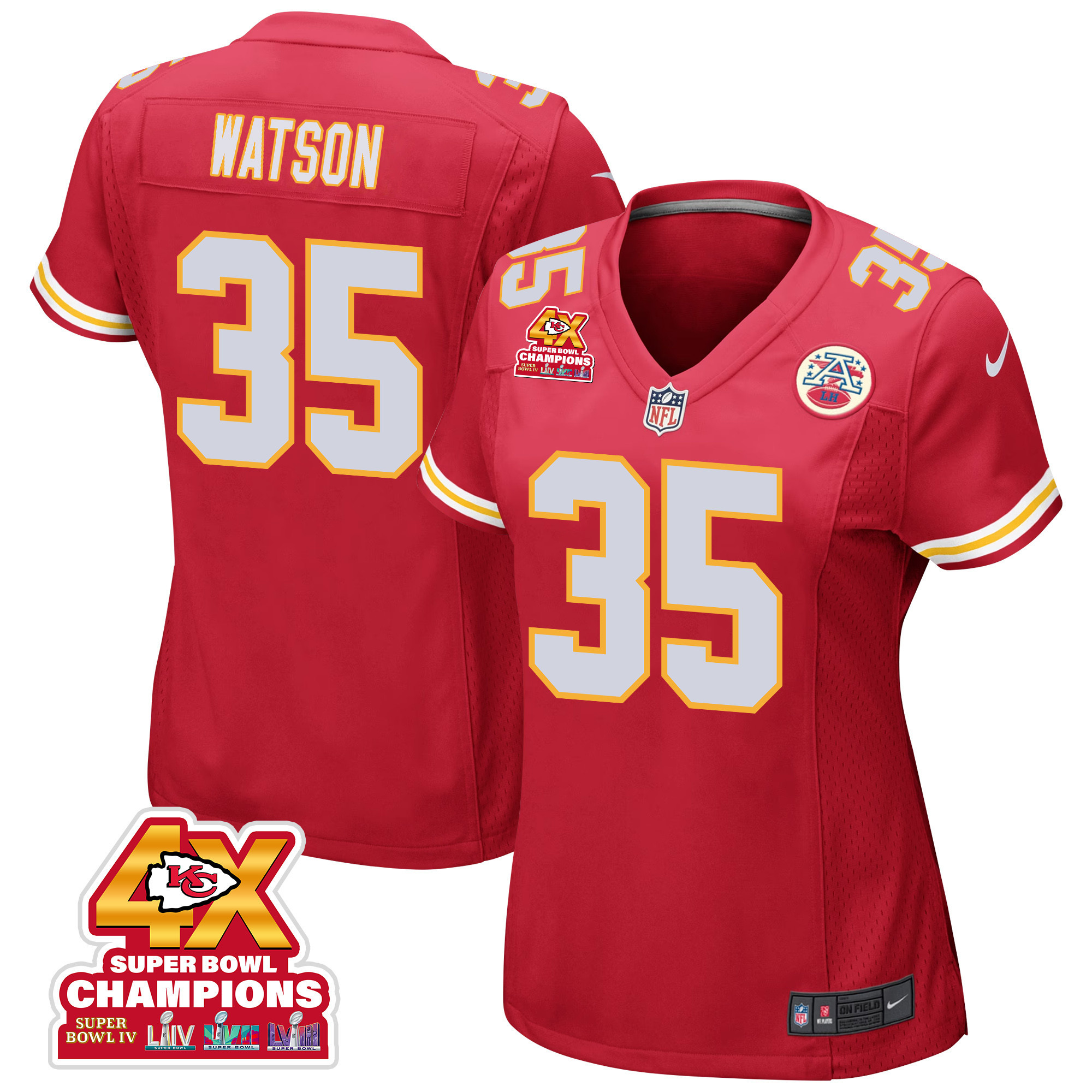 Jaylen Watson 35 Kansas City Chiefs Super Bowl LVIII Champions 4X Game Women Jersey - Red JS2010 Saliibo