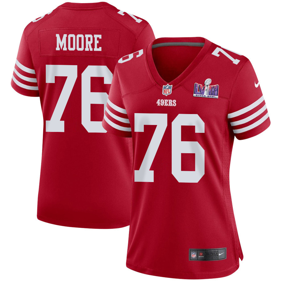 Jaylon Moore 76 San Francisco 49ers Super Bowl LVIII Patch Game Women Jersey - Scarlet JS2918 Saliibo