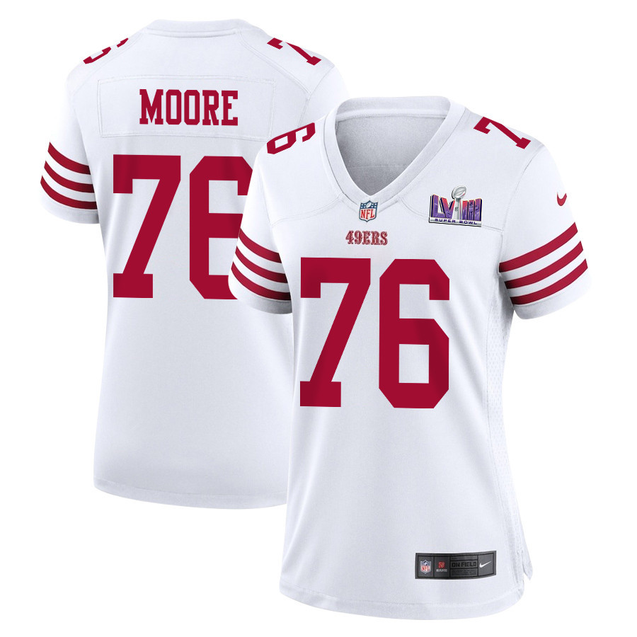 Jaylon Moore 76 San Francisco 49ers Super Bowl LVIII Patch Game Women Jersey - White JS5445 Saliibo