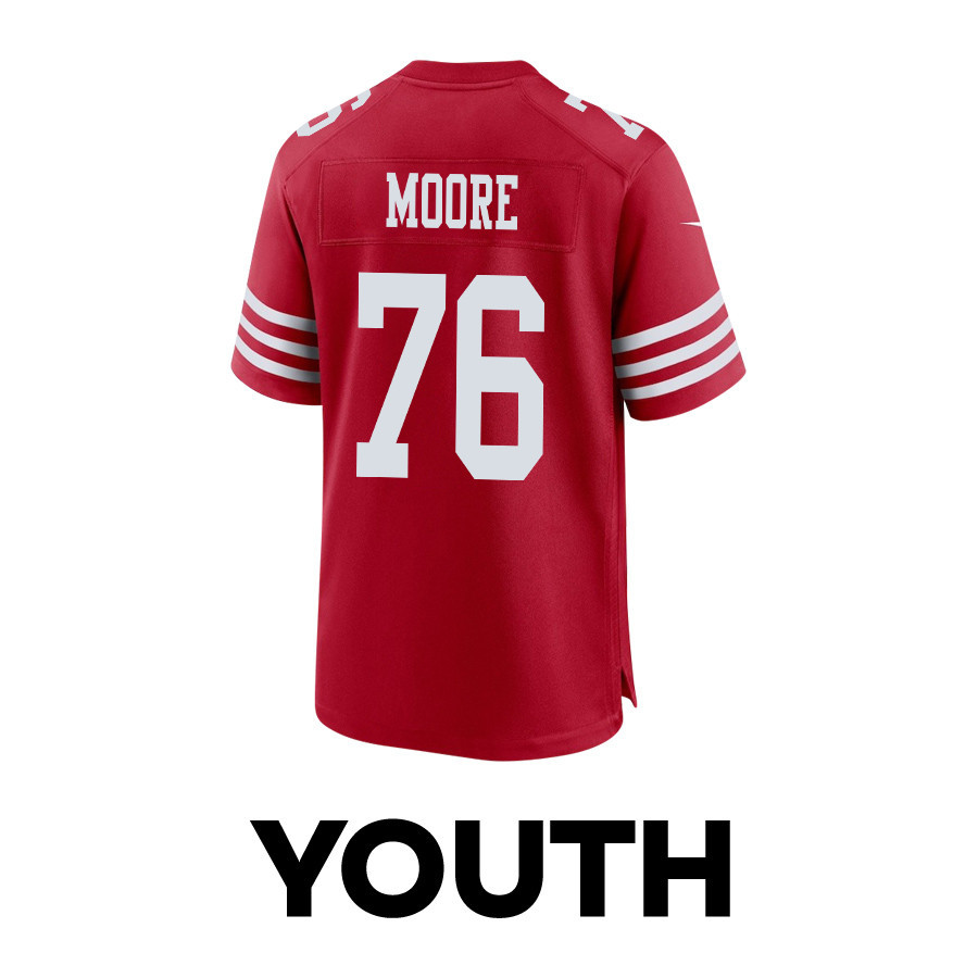 Jaylon Moore 76 San Francisco 49ers Super Bowl LVIII Patch Game YOUTH Jersey - Scarlet JS9244 Saliibo - Image 3