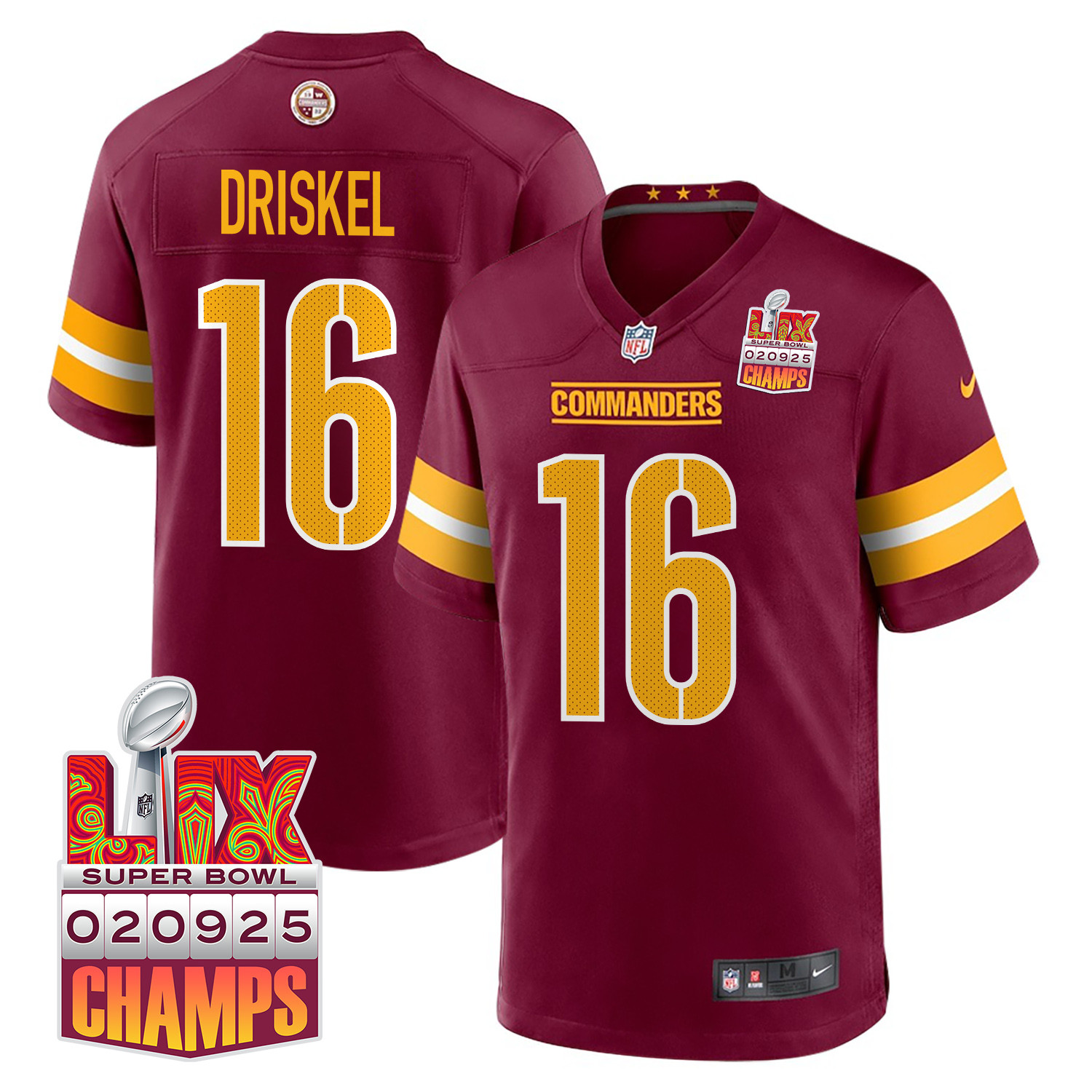Jeff Driskel 16 Washington Commanders Super Bowl LIX Champions Patch Game Men Jersey - Burgundy JS2731 Saliibo