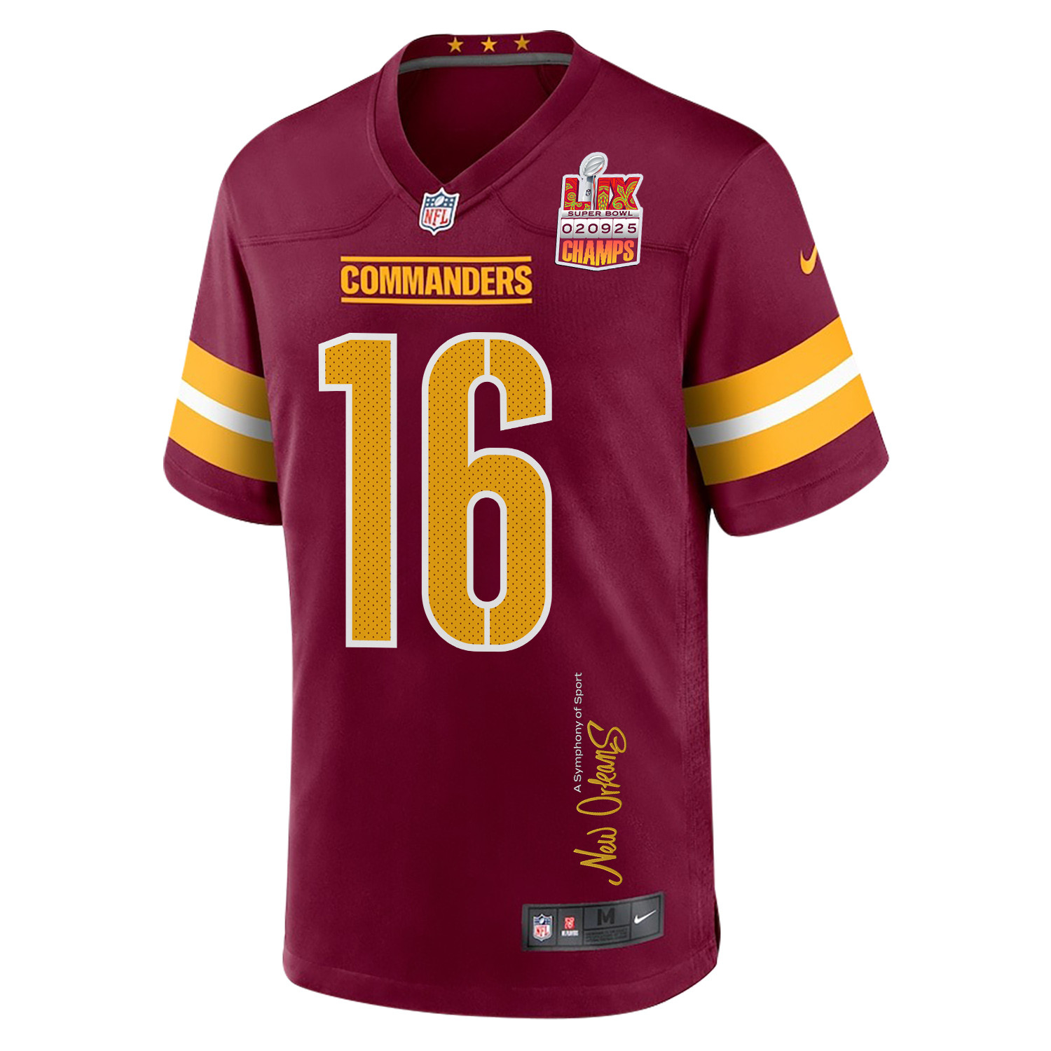 Jeff Driskel 16 Washington Commanders Super Bowl LIX Champions Patch 'New Orleans - A Symphony of Sport' EMBROIDERED Game Men Jersey - Burgundy JS1770 Saliibo - Image 3