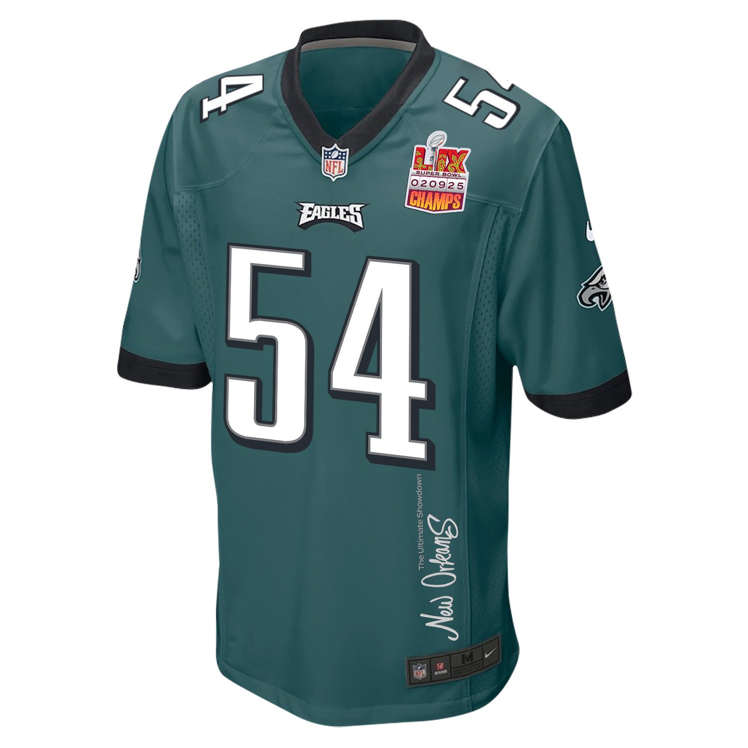 Jeremiah Trotter Jr. 54 Philadelphia Eagles Super Bowl LIX Champions Patch 'New Orleans - The Ultimate Showdown' EMBROIDERED Game Men Jersey - Midnight Green JS6212 Saliibo - Image 3