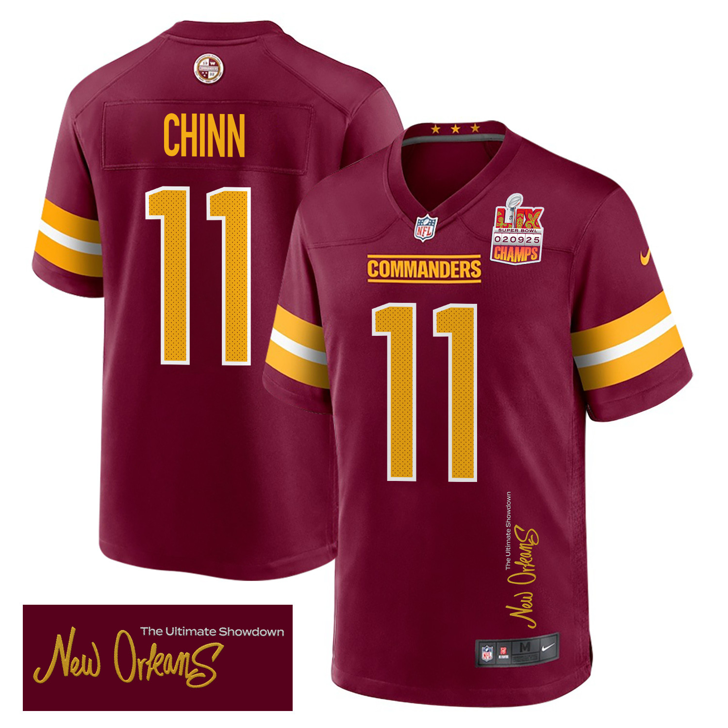Jeremy Chinn 11 Washington Commanders Super Bowl LIX Champions Patch 'New Orleans - The Ultimate Showdown' EMBROIDERED Game Men Jersey - Burgundy JS4146 Saliibo