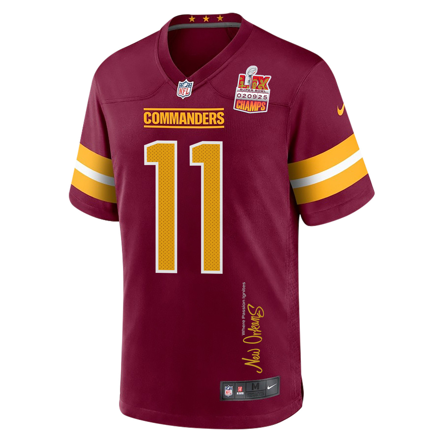 Jeremy Chinn 11 Washington Commanders Super Bowl LIX Champions Patch 'New Orleans - Where Passion Ignites' EMBROIDERED Game Men Jersey - Burgundy JS1516 Saliibo - Image 3