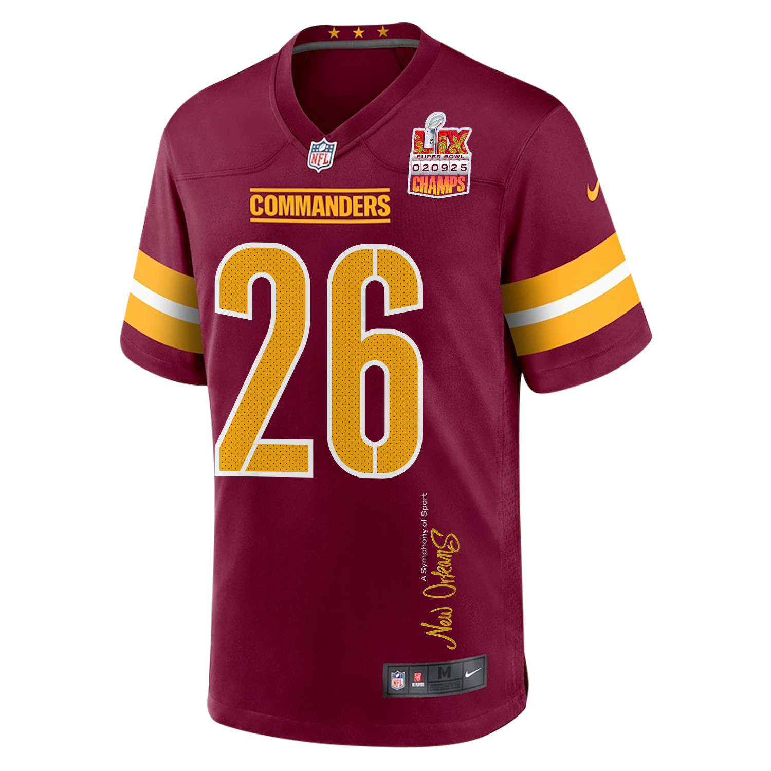 Jeremy McNichols 26 Washington Commanders Super Bowl LIX Champions Patch 'New Orleans - A Symphony of Sport' EMBROIDERED Game Men Jersey - Burgundy JS5952 Saliibo - Image 3
