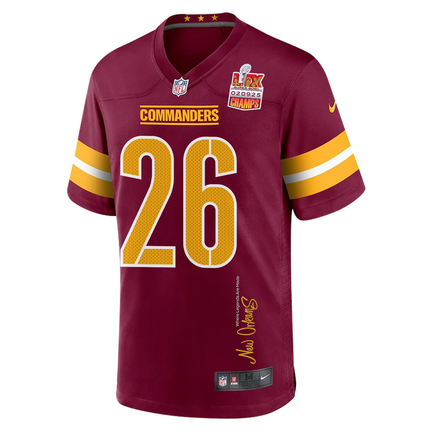 Jeremy McNichols 26 Washington Commanders Super Bowl LIX Champions Patch 'New Orleans - Where Legends Are Made' EMBROIDERED Game Men Jersey - Burgundy JS2393 Saliibo - Image 3