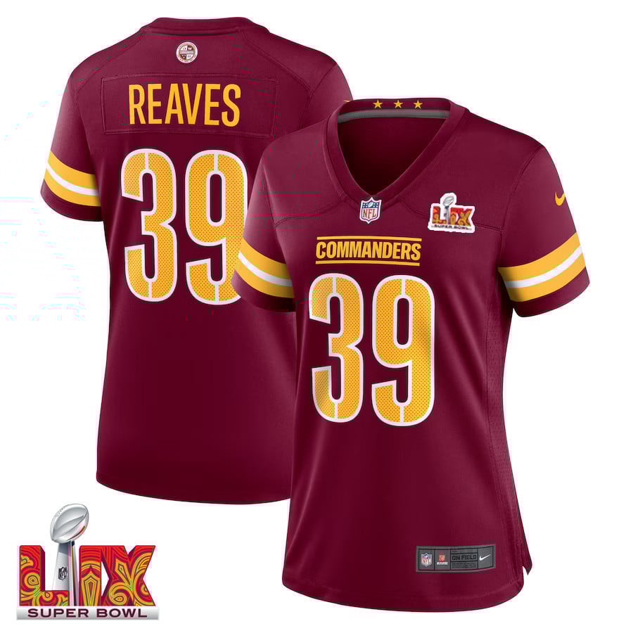 Jeremy Reaves #39 Washington Commanders Super Bowl LIX Women's Jersey - Burgundy JS7106 Saliibo