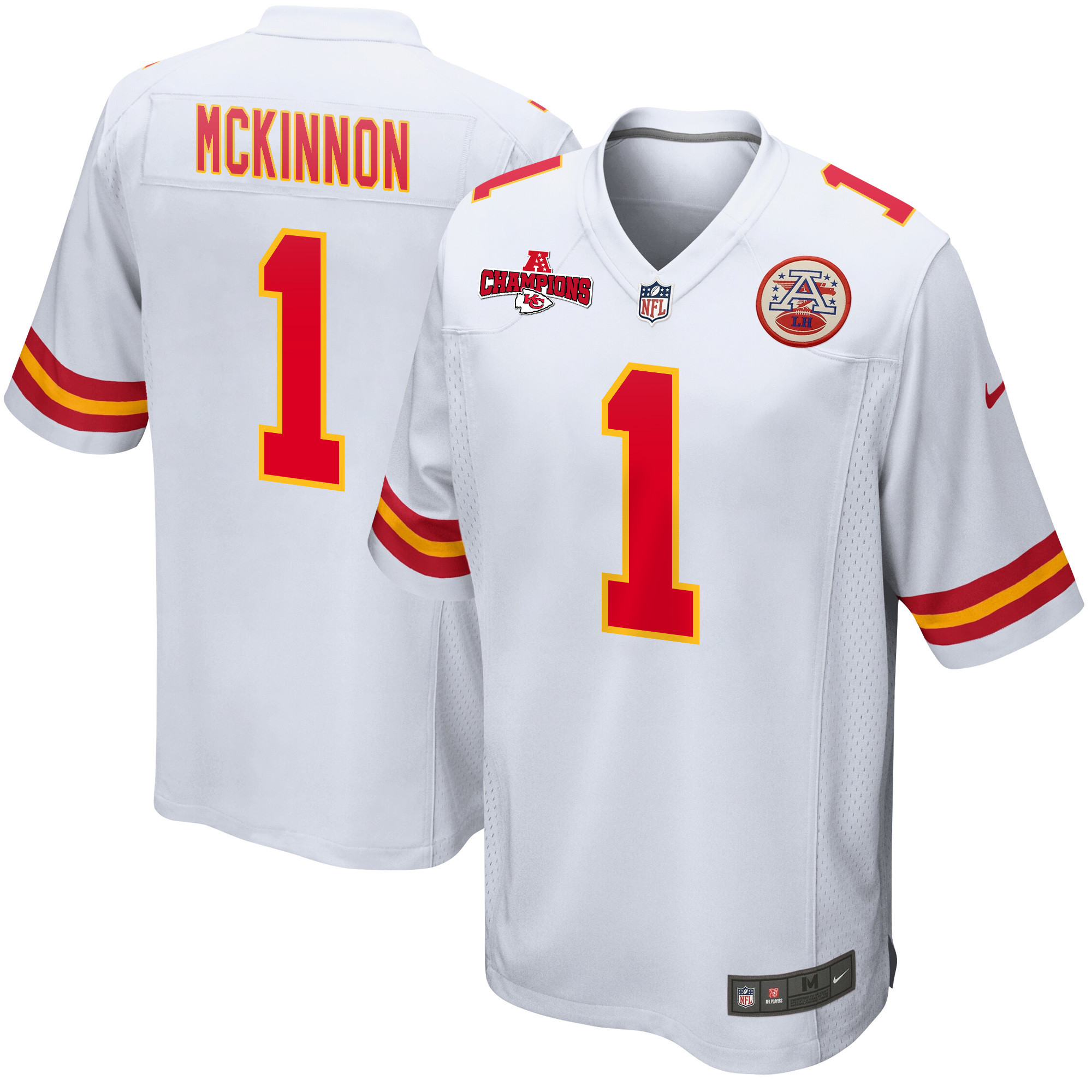 Jerick McKinnon 1 Kansas City Chiefs AFC Champions Patch Game Men Jersey - White JS4308 Saliibo