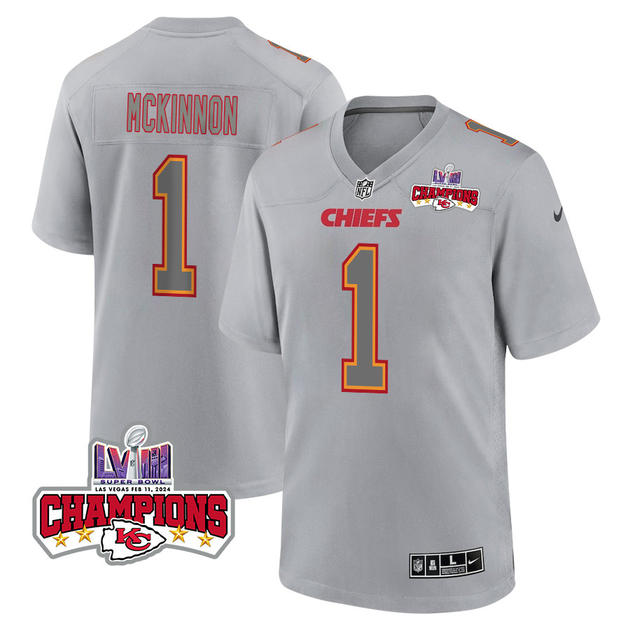 Jerick McKinnon 1 Kansas City Chiefs Super Bowl LVIII Champions 4 Stars Patch Atmosphere Fashion Game Men Jersey - Gray JS3242 Saliibo