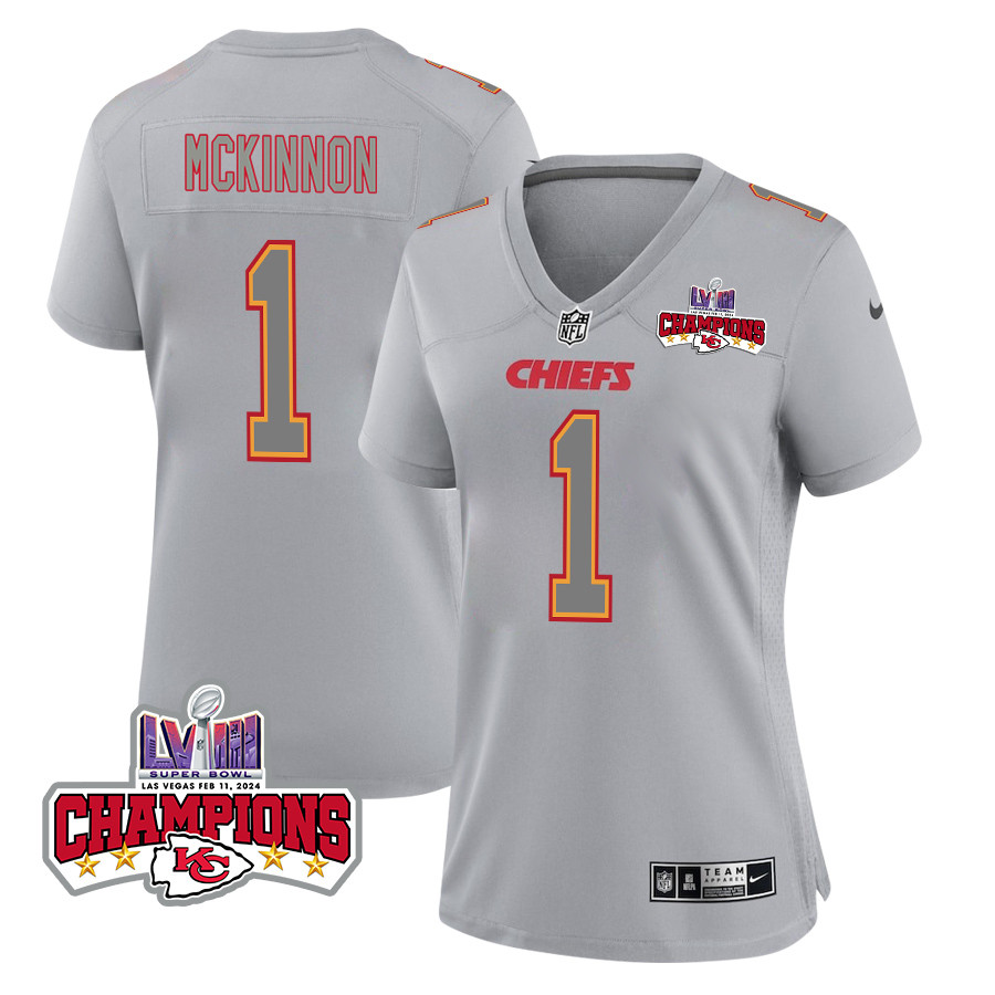 Jerick McKinnon 1 Kansas City Chiefs Super Bowl LVIII Champions 4 Stars Patch Atmosphere Fashion Game Women Jersey - Gray JS6225 Saliibo