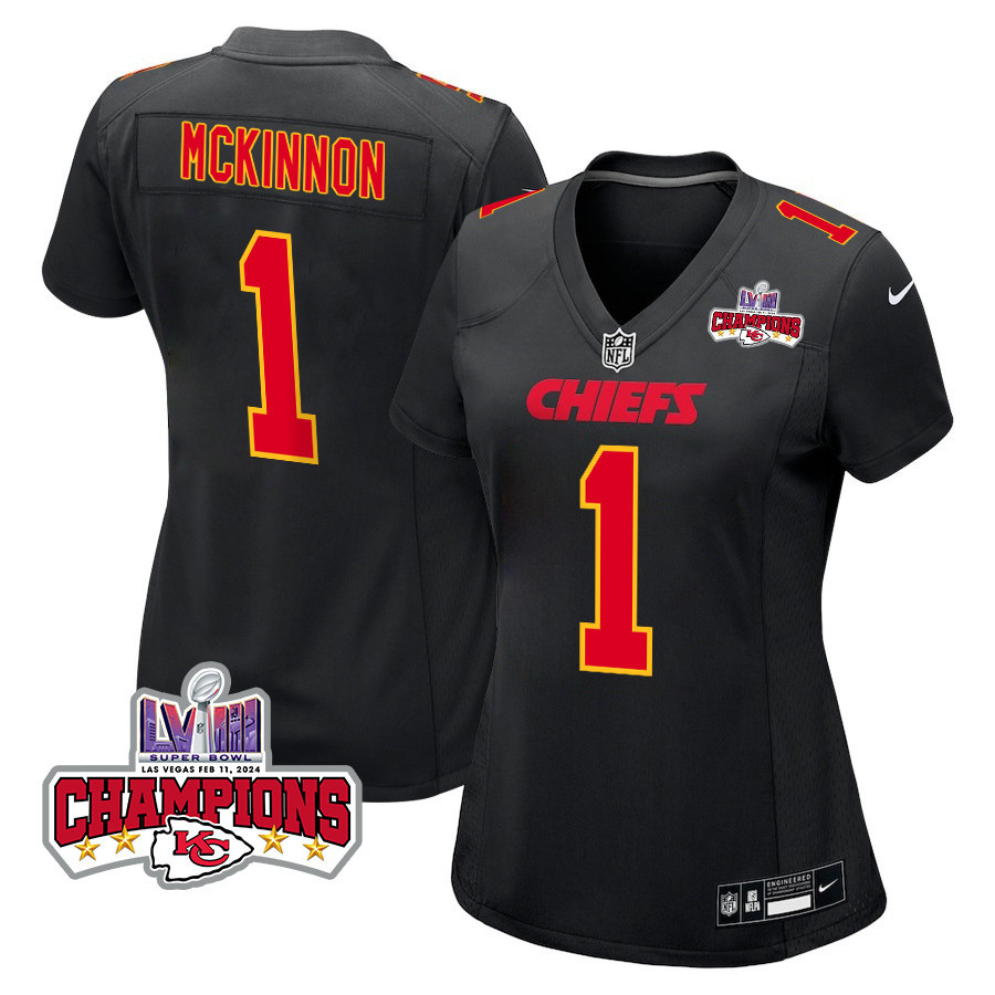 Jerick McKinnon 1 Kansas City Chiefs Super Bowl LVIII Champions 4 Stars Patch Fashion Game Women Jersey - Carbon Black JS9988 Saliibo