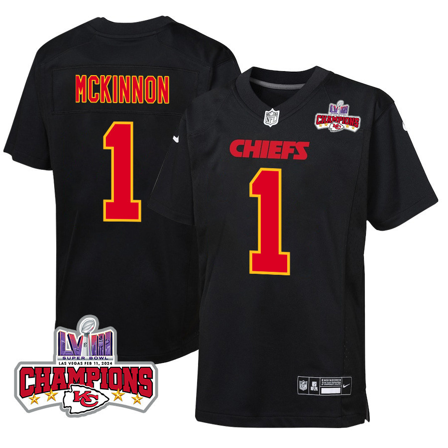 Jerick McKinnon 1 Kansas City Chiefs Super Bowl LVIII Champions 4 Stars Patch Fashion Game YOUTH Jersey - Carbon Black JS9679 Saliibo