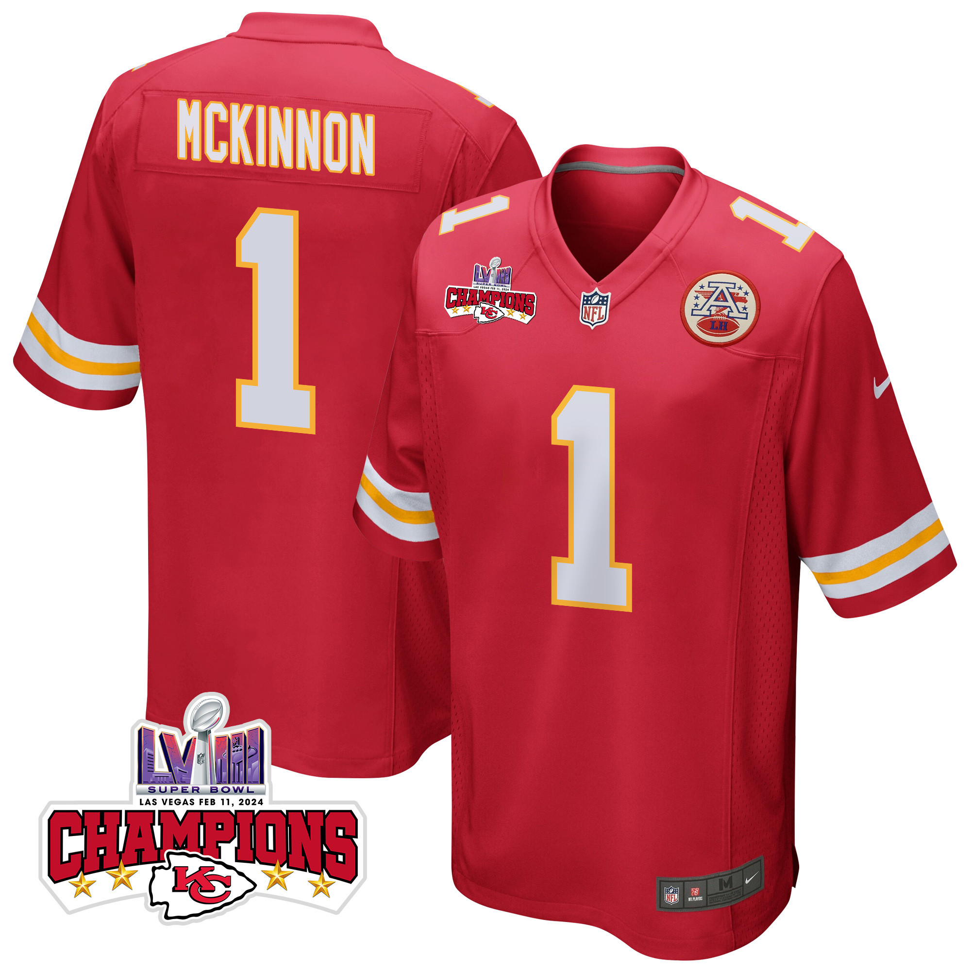 Jerick McKinnon 1 Kansas City Chiefs Super Bowl LVIII Champions 4 Stars Patch Game Men Jersey - Red JS7000 Saliibo