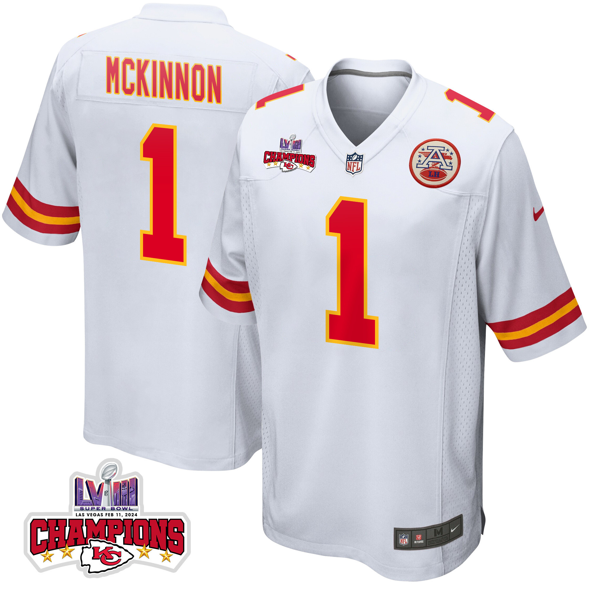 Jerick McKinnon 1 Kansas City Chiefs Super Bowl LVIII Champions 4 Stars Patch Game Men Jersey - White JS5615 Saliibo