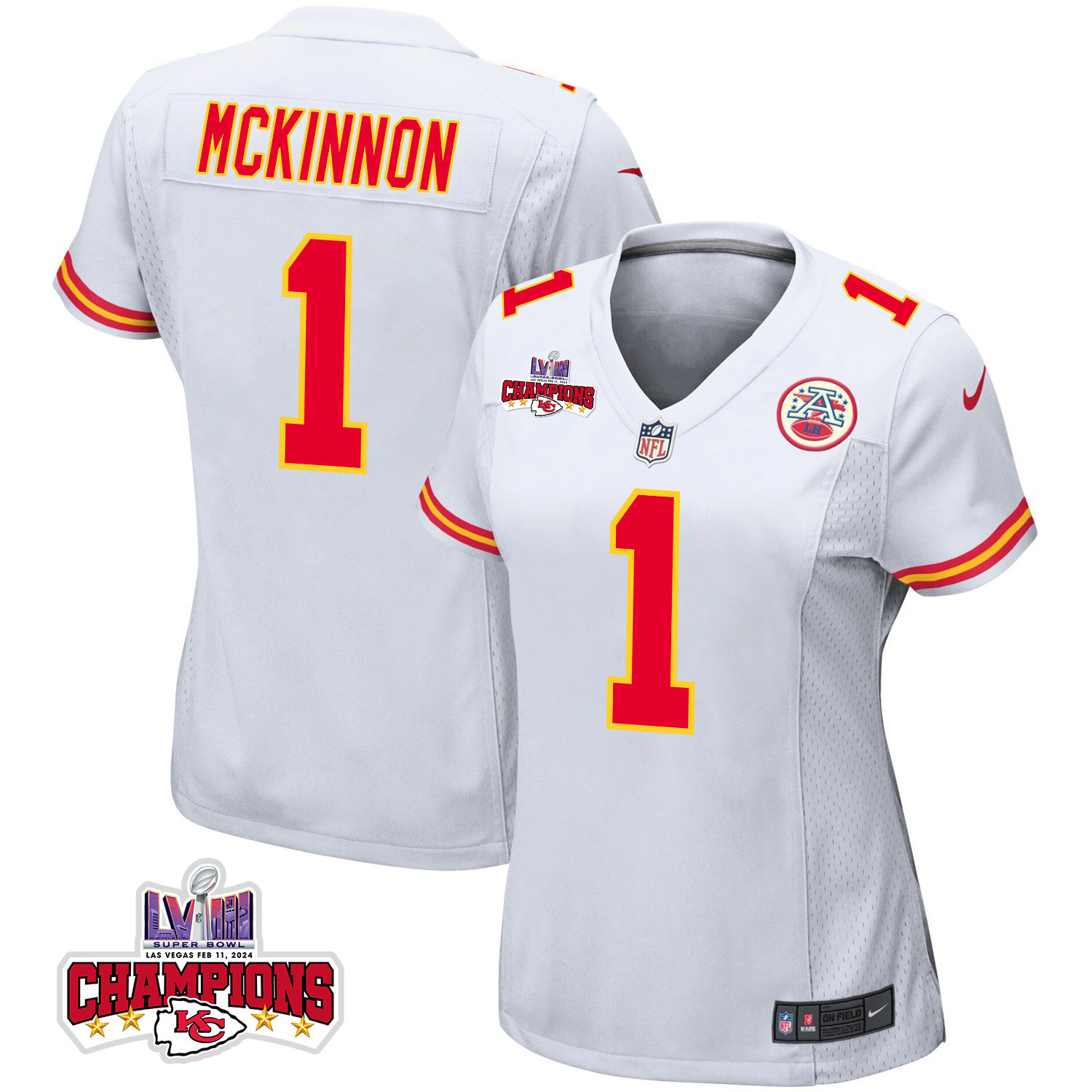 Jerick McKinnon 1 Kansas City Chiefs Super Bowl LVIII Champions 4 Stars Patch Game Women Jersey - White JS5629 Saliibo