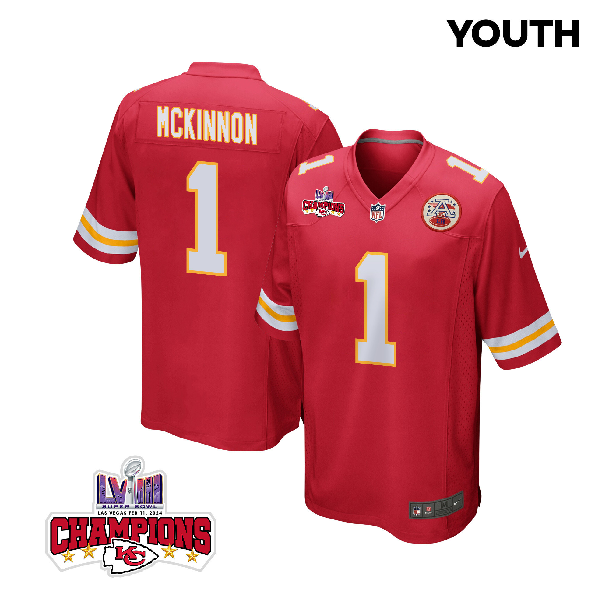 Jerick McKinnon 1 Kansas City Chiefs Super Bowl LVIII Champions 4 Stars Patch Game YOUTH Jersey - Red JS7811 Saliibo