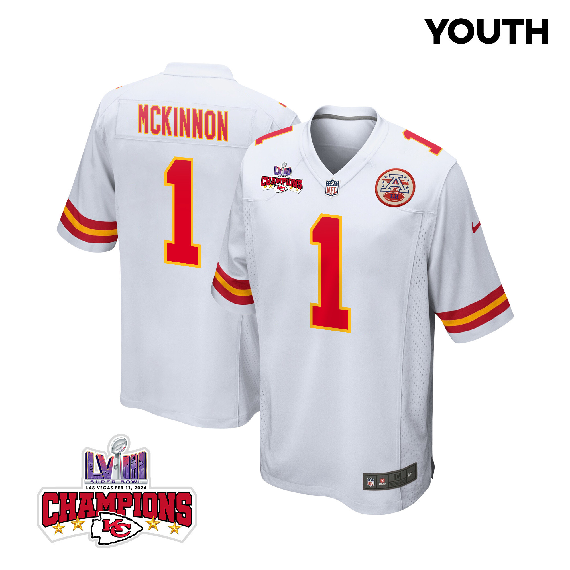 Jerick McKinnon 1 Kansas City Chiefs Super Bowl LVIII Champions 4 Stars Patch Game YOUTH Jersey - White JS9645 Saliibo