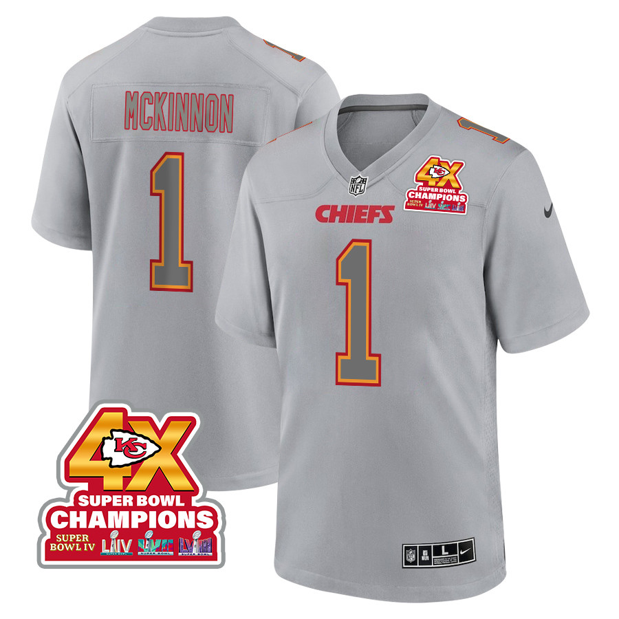 Jerick McKinnon 1 Kansas City Chiefs Super Bowl LVIII Champions 4X Atmosphere Fashion Game Men Jersey - Gray JS1269 Saliibo