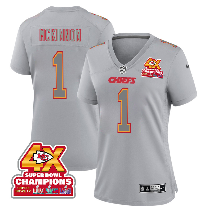 Jerick McKinnon 1 Kansas City Chiefs Super Bowl LVIII Champions 4X Atmosphere Fashion Game Women Jersey - Gray JS7623 Saliibo
