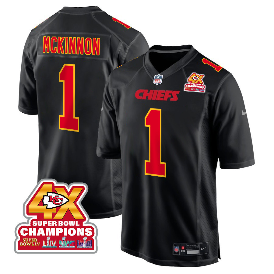 Jerick McKinnon 1 Kansas City Chiefs Super Bowl LVIII Champions 4X Fashion Game Men Jersey - Carbon Black JS6533 Saliibo