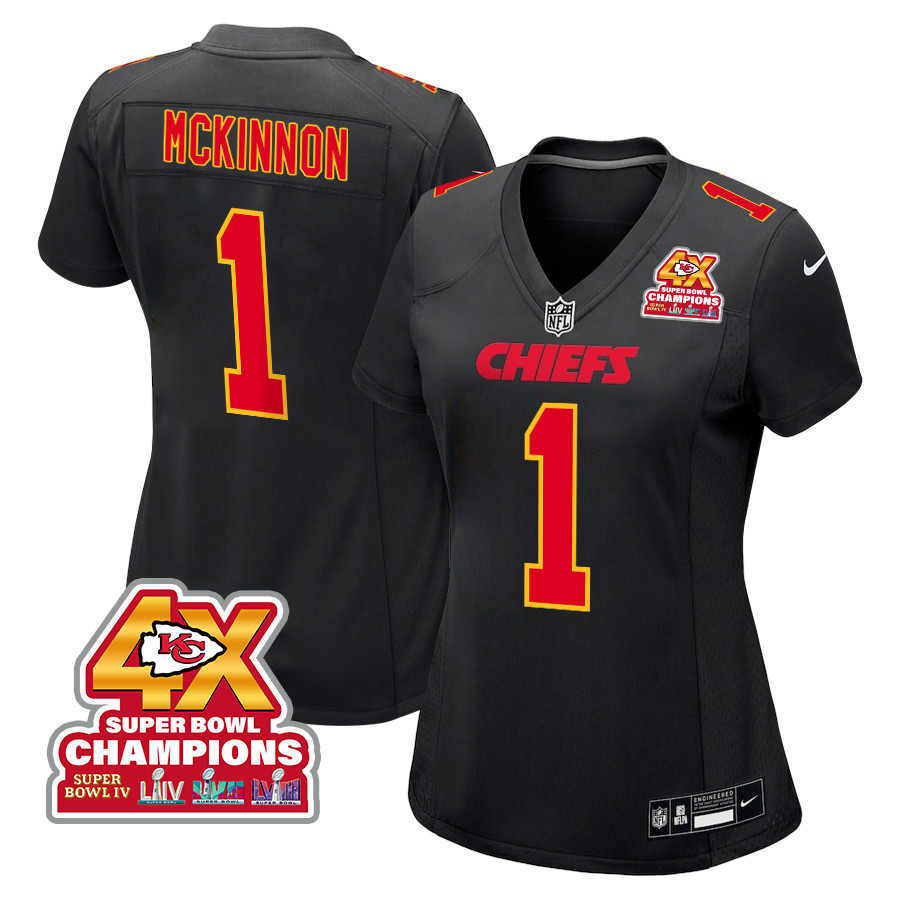 Jerick McKinnon 1 Kansas City Chiefs Super Bowl LVIII Champions 4X Fashion Game Women Jersey - Carbon Black JS4731 Saliibo