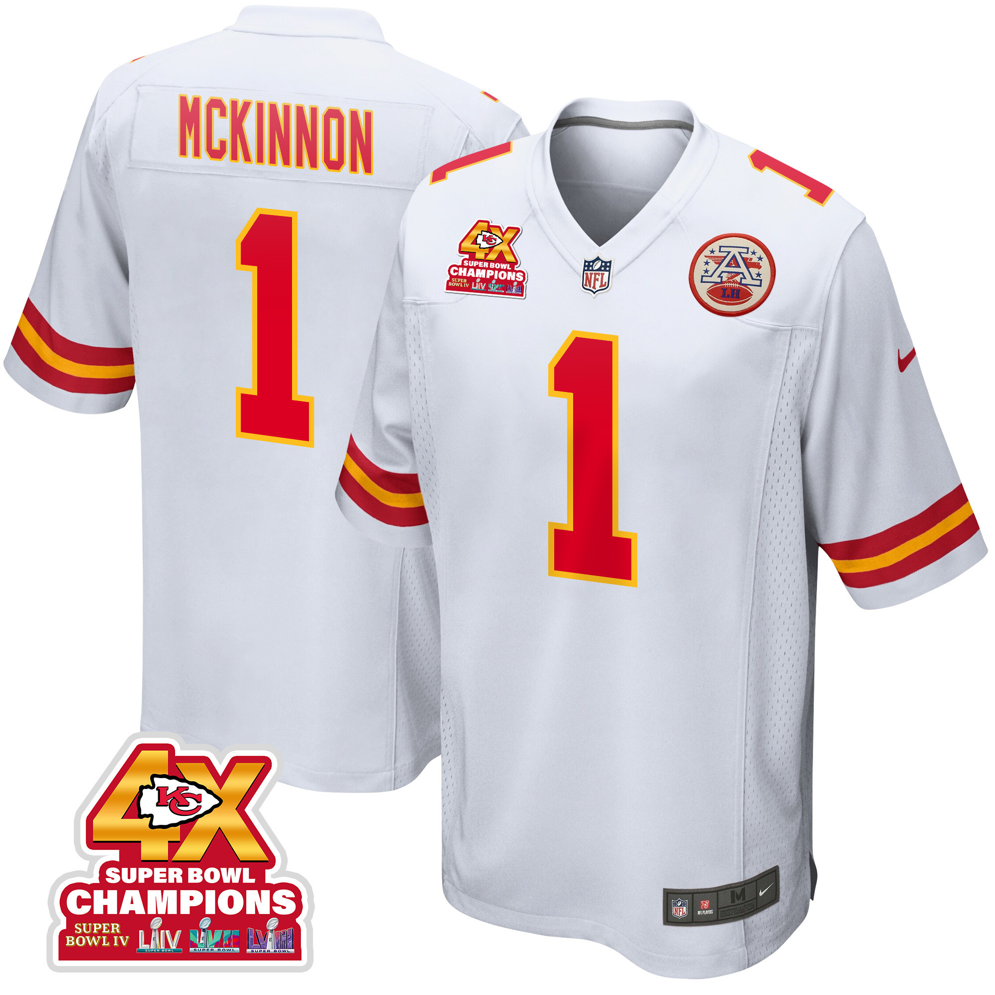 Jerick McKinnon 1 Kansas City Chiefs Super Bowl LVIII Champions 4X Game Men Jersey - White JS6123 Saliibo