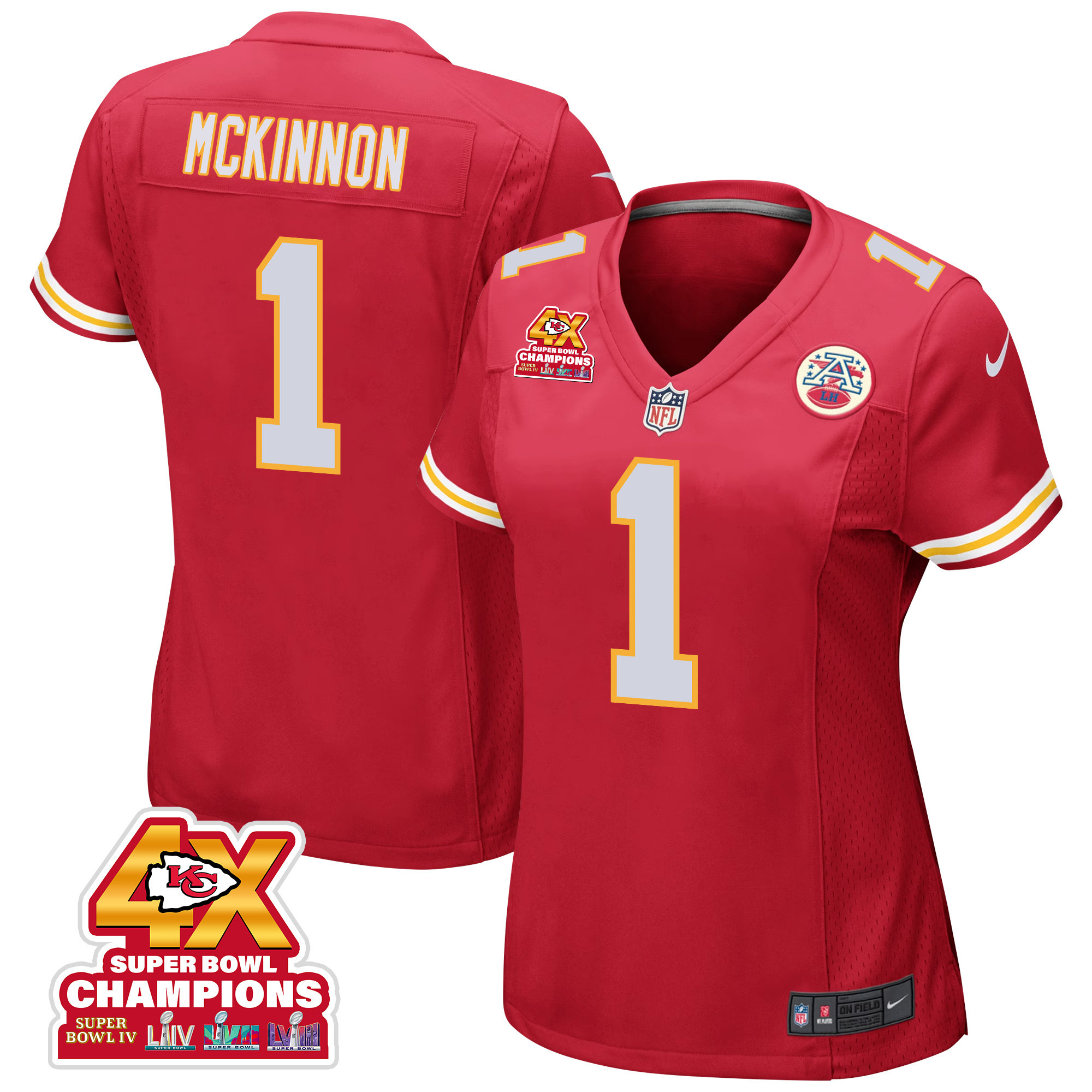 Jerick McKinnon 1 Kansas City Chiefs Super Bowl LVIII Champions 4X Game Women Jersey - Red JS1901 Saliibo