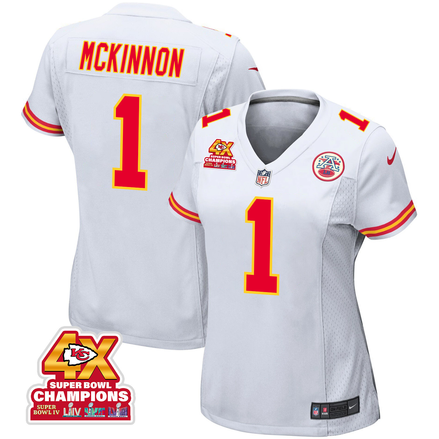 Jerick McKinnon 1 Kansas City Chiefs Super Bowl LVIII Champions 4X Game Women Jersey - White JS7061 Saliibo
