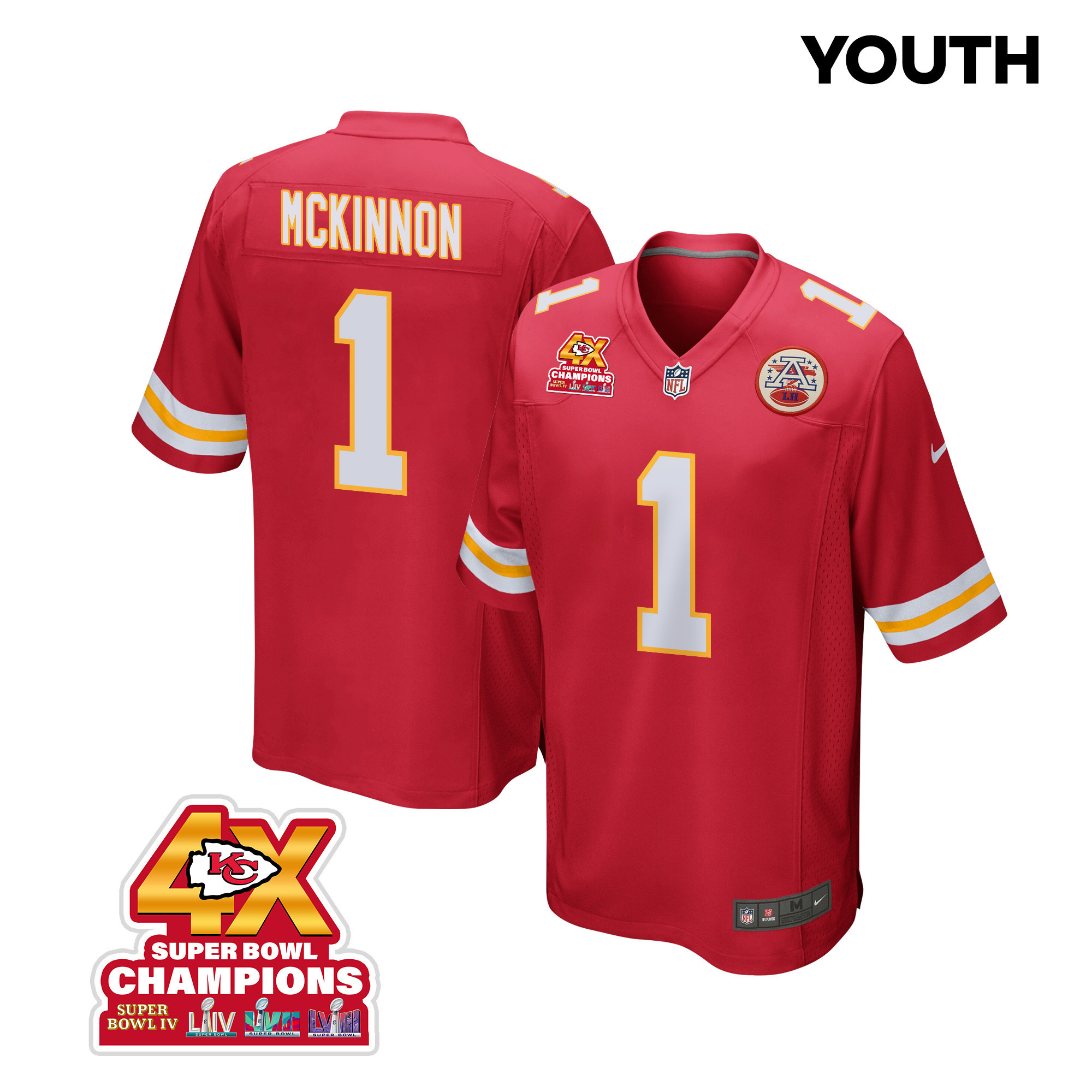 Jerick McKinnon 1 Kansas City Chiefs Super Bowl LVIII Champions 4X Game YOUTH Jersey - Red JS5636 Saliibo