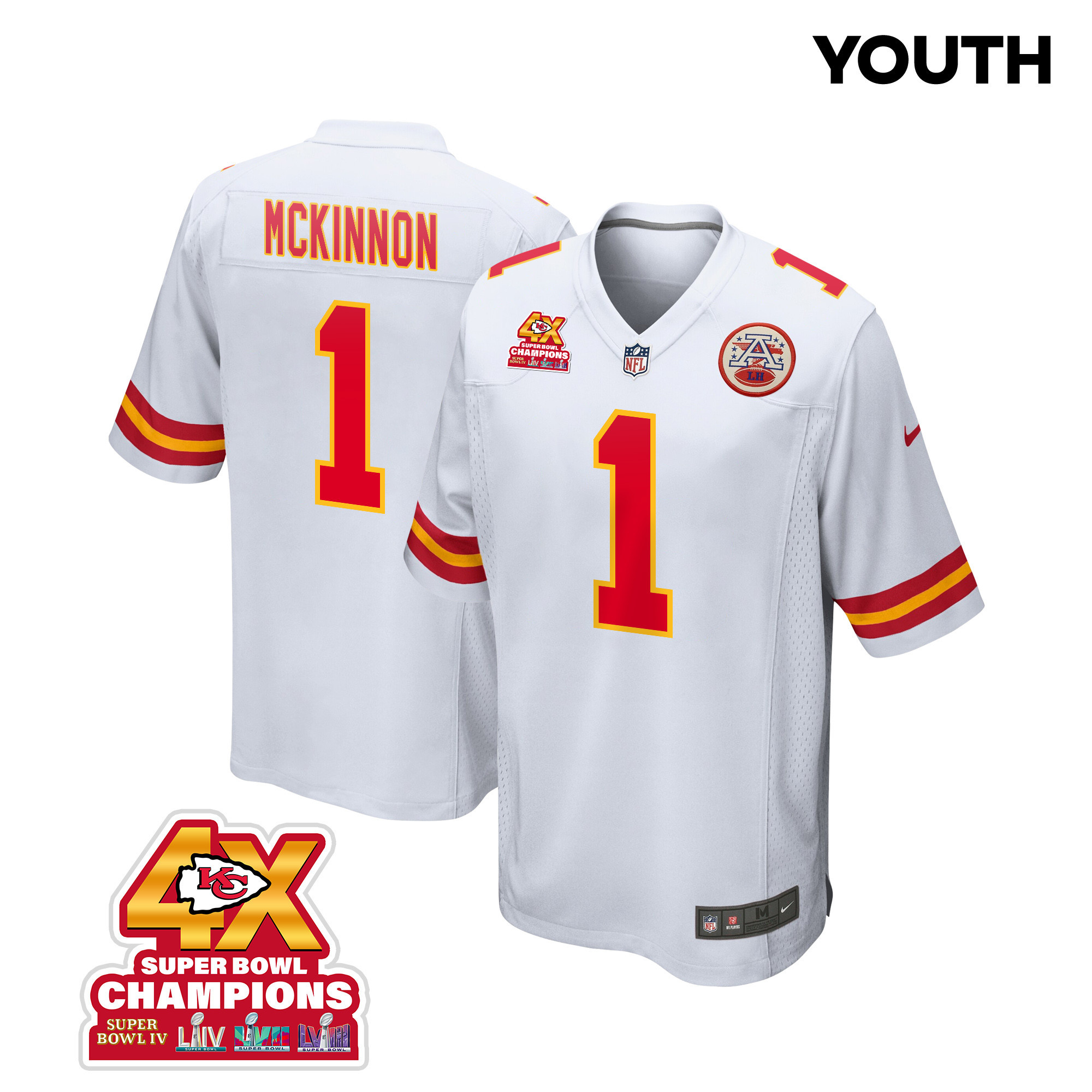 Jerick McKinnon 1 Kansas City Chiefs Super Bowl LVIII Champions 4X Game YOUTH Jersey - White JS5261 Saliibo