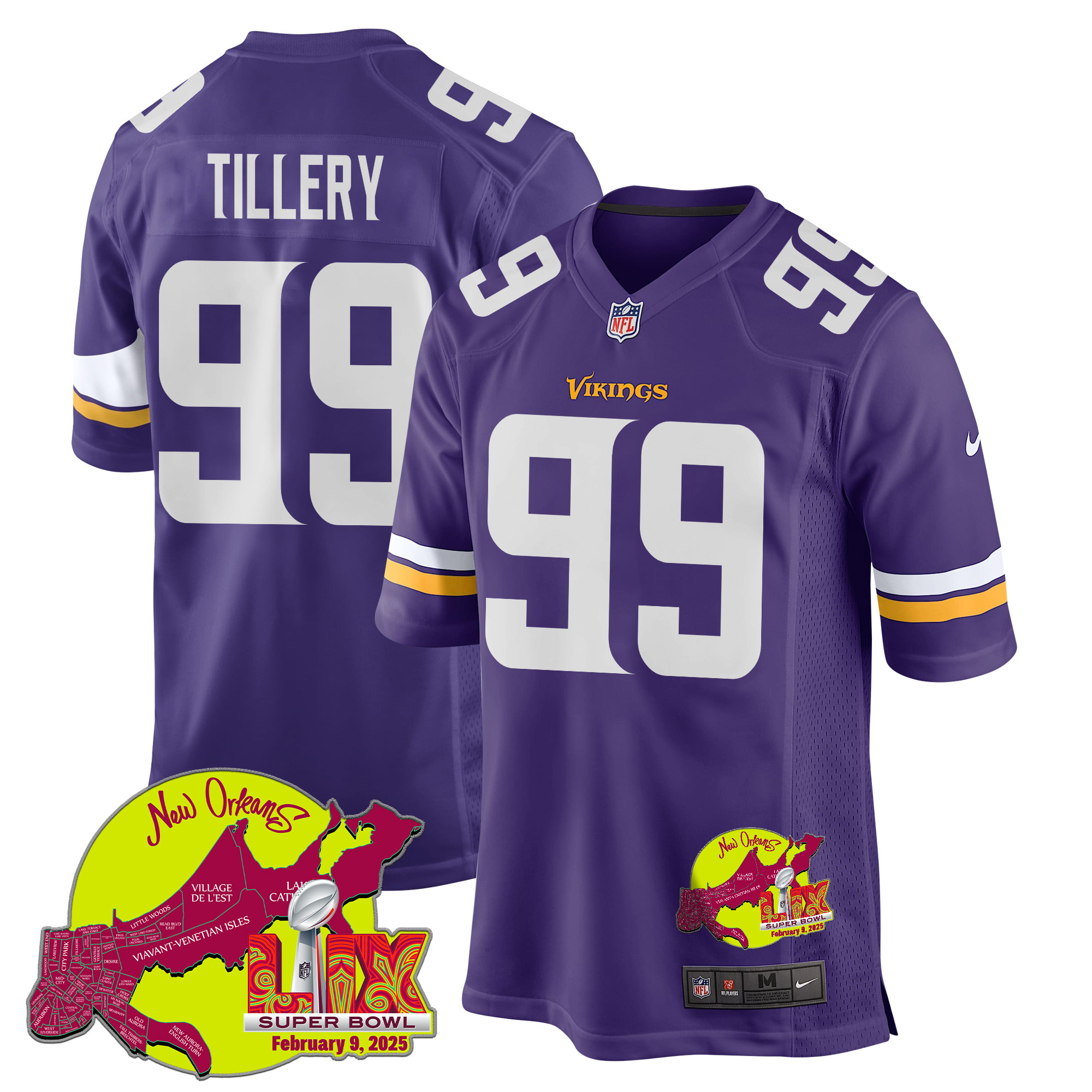 Jerry Tillery 99 Minnesota Vikings Super Bowl LIX New Orleans Patch Game Men Jersey - Purple JS8774 Saliibo