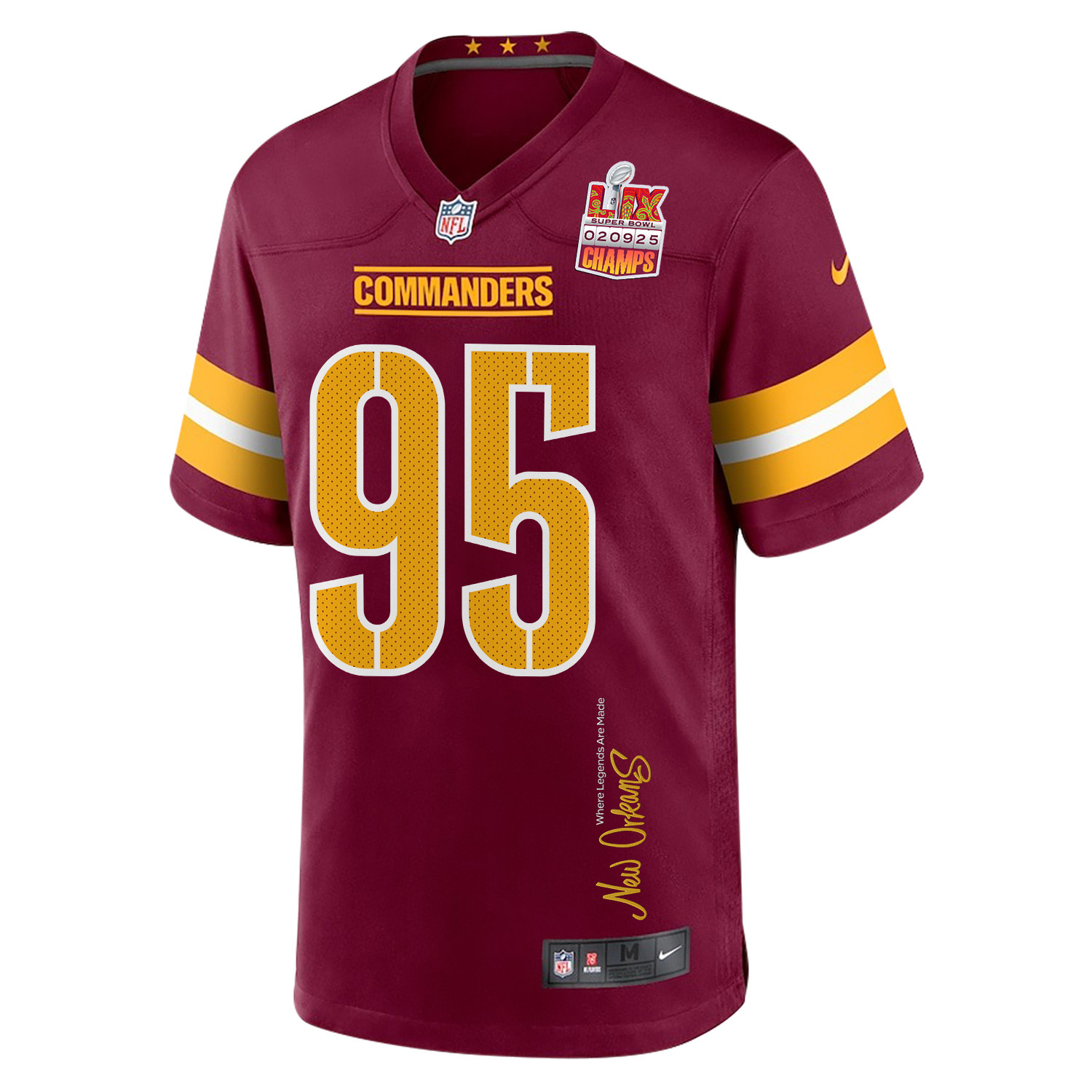 Jer'Zhan Newton 95 Washington Commanders Super Bowl LIX Champions Patch 'New Orleans - Where Legends Are Made' EMBROIDERED Game Men Jersey - Burgundy JS4940 Saliibo - Image 3