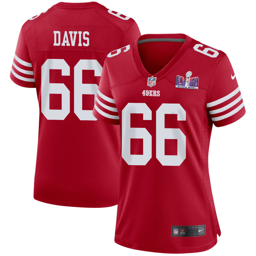 Jesse Davis 66 San Francisco 49ers Super Bowl LVIII Patch Game Women Jersey - Scarlet JS8352 Saliibo