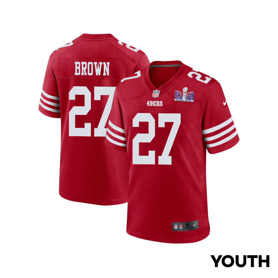 Ji'Ayir Brown 27 San Francisco 49ers Super Bowl LVIII Patch Game YOUTH Jersey - Scarlet JS3428 Saliibo