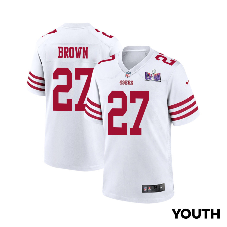 Ji'Ayir Brown 27 San Francisco 49ers Super Bowl LVIII Patch Game YOUTH Jersey - White JS4195 Saliibo