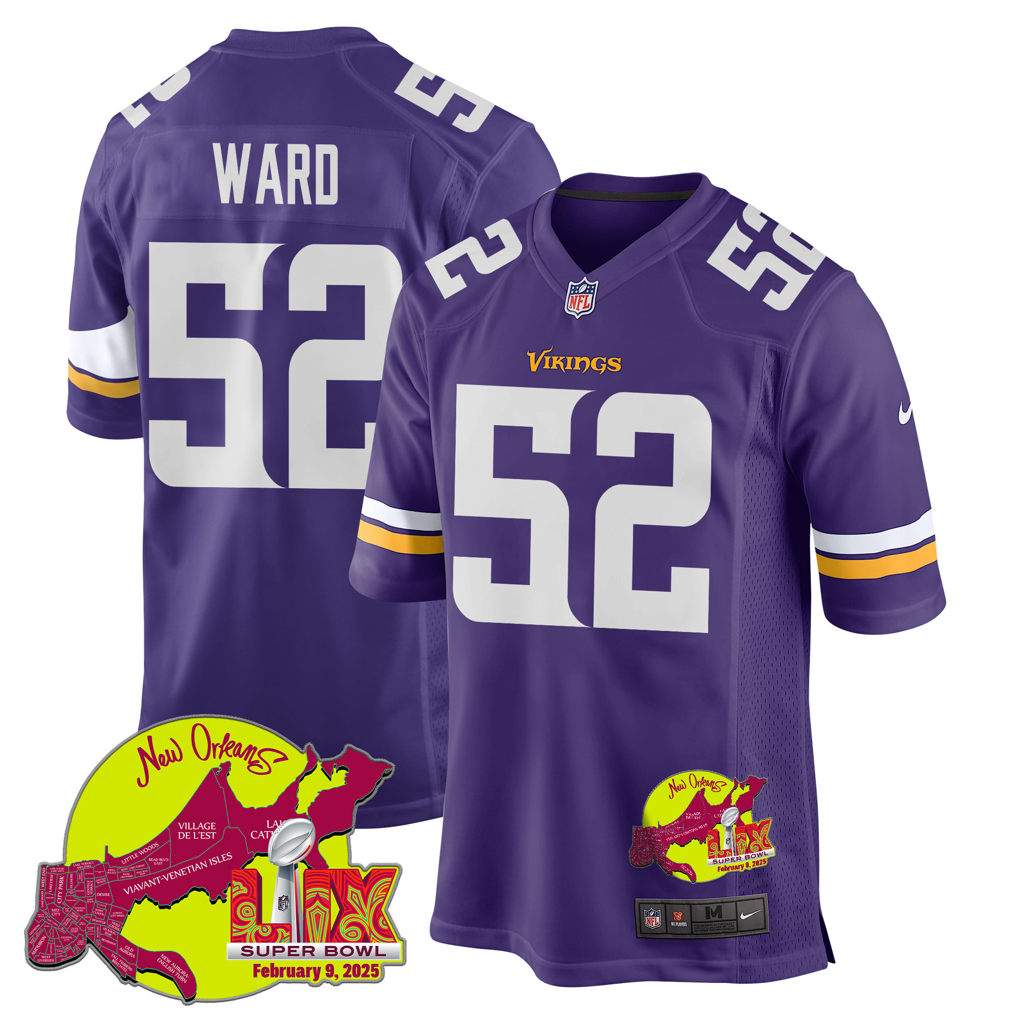 Jihad Ward 52 Minnesota Vikings Super Bowl LIX New Orleans Patch Game Men Jersey - Purple JS7420 Saliibo
