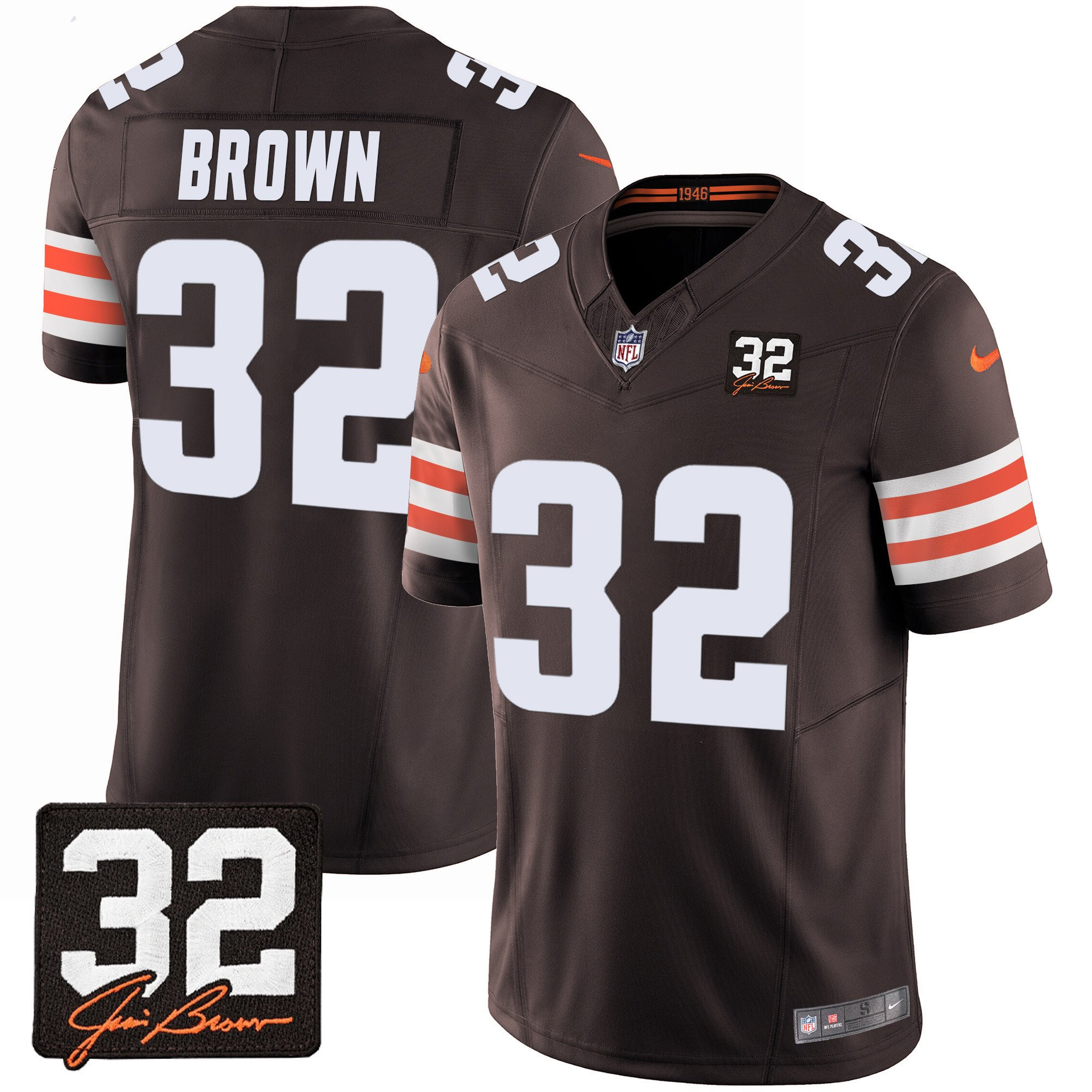 Jim Brown 32 Cleveland Browns Jim Brown Memorial Patch Game Men Jersey - Brown JS1211 Saliibo